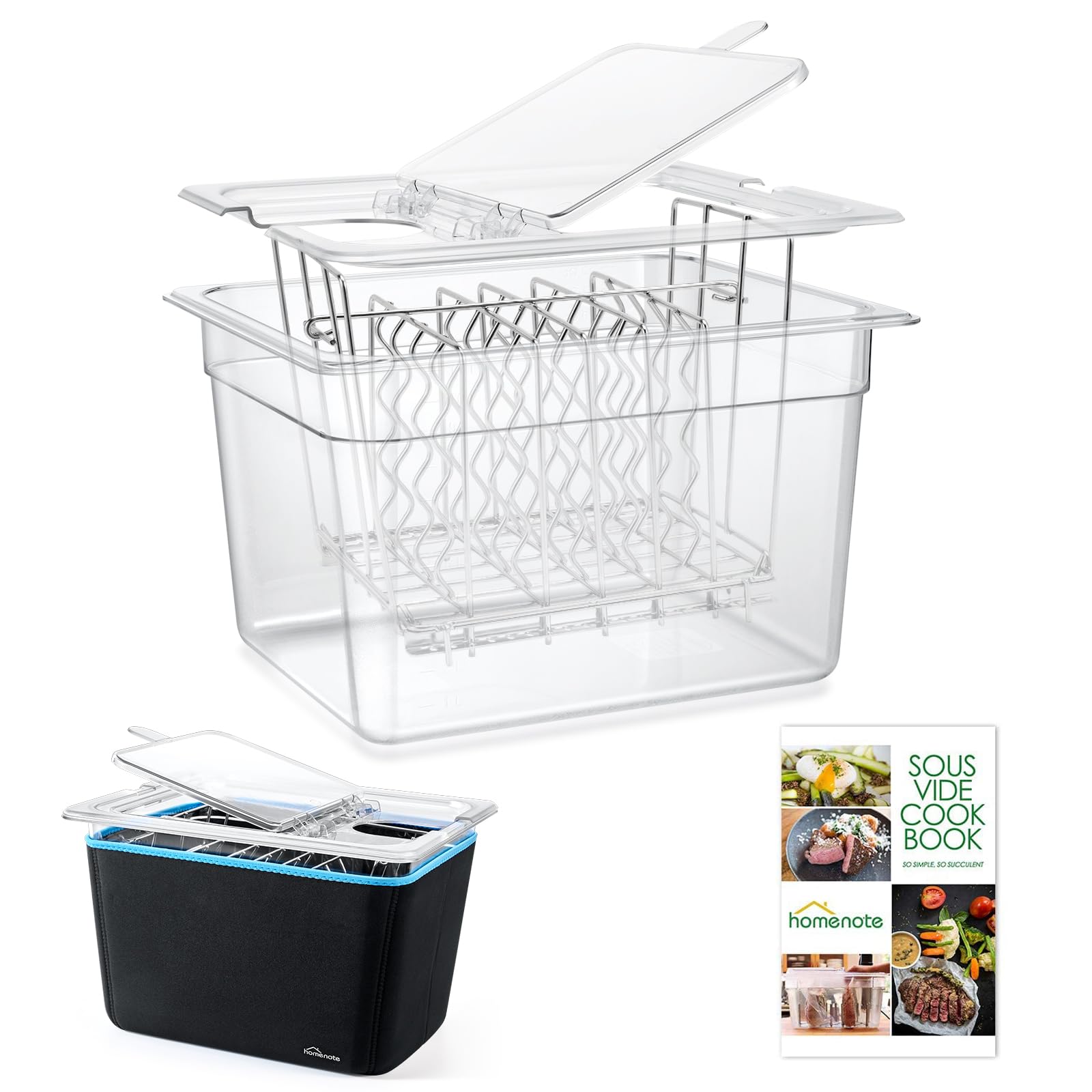 HOMENOTE Recipiente Sous Vide de 12 litros com tampa articulada dobrável universal, kit completo de acessórios Sous Vide livre de BPA, compatível com Anova e a maioria dos fogões Sous Vide (com rack e