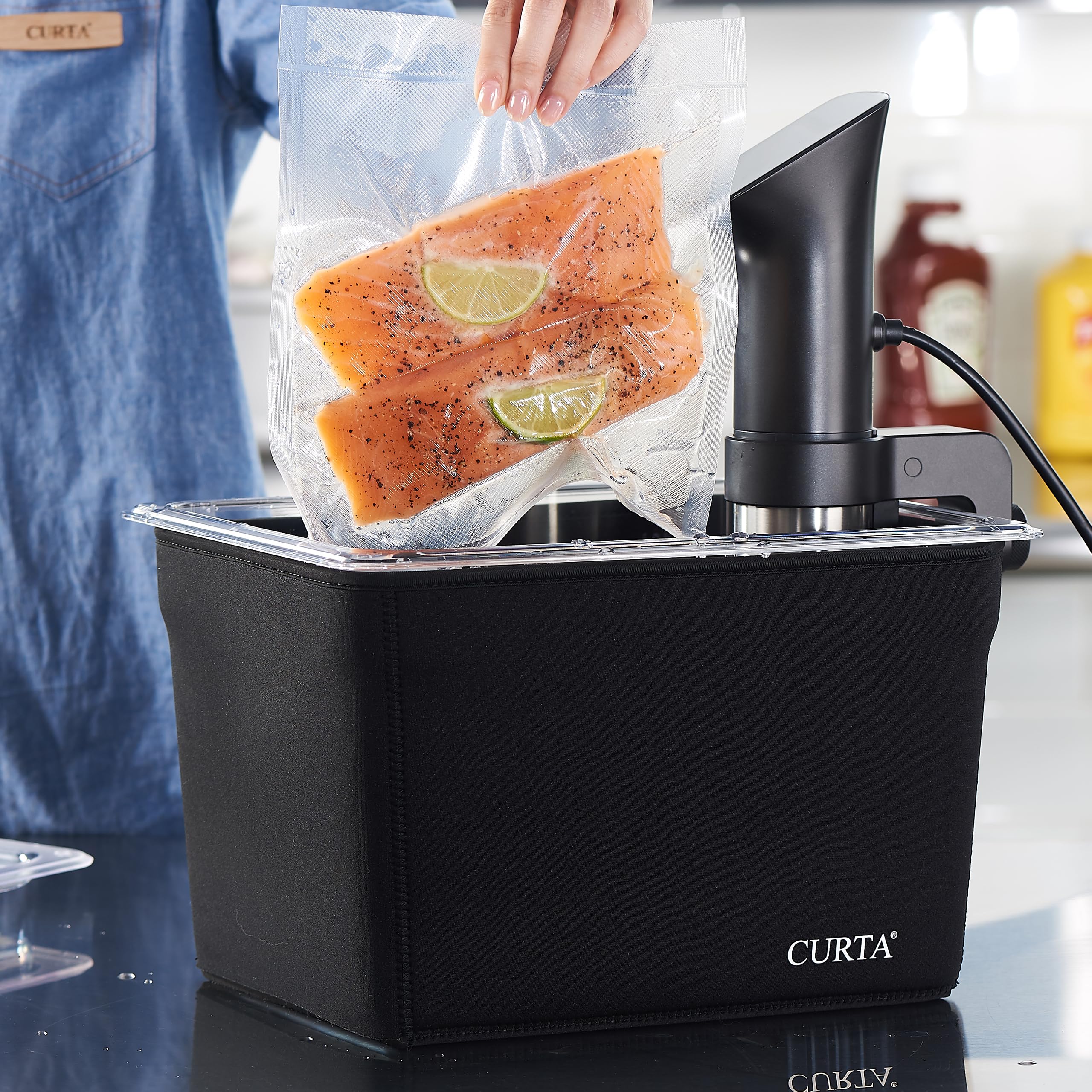 CURTA Recipiente Sous Vide de 12 litros com tampa entalhada e manga isolante de neoprene, banheira de água de policarbonato de 20 cm de profundidade, serve para Anova e a maioria dos fogões