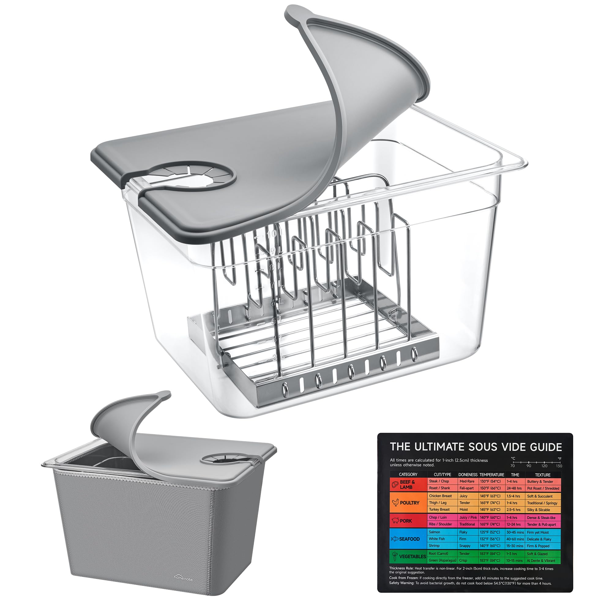 HOMENOTE Recipiente Sous Vide de 12 litros com tampa de silicone dobrável, kit completo de acessórios Sous Vide livre de BPA, compatível com Anova e a maioria dos fogões Sous Vide (vem com rack e