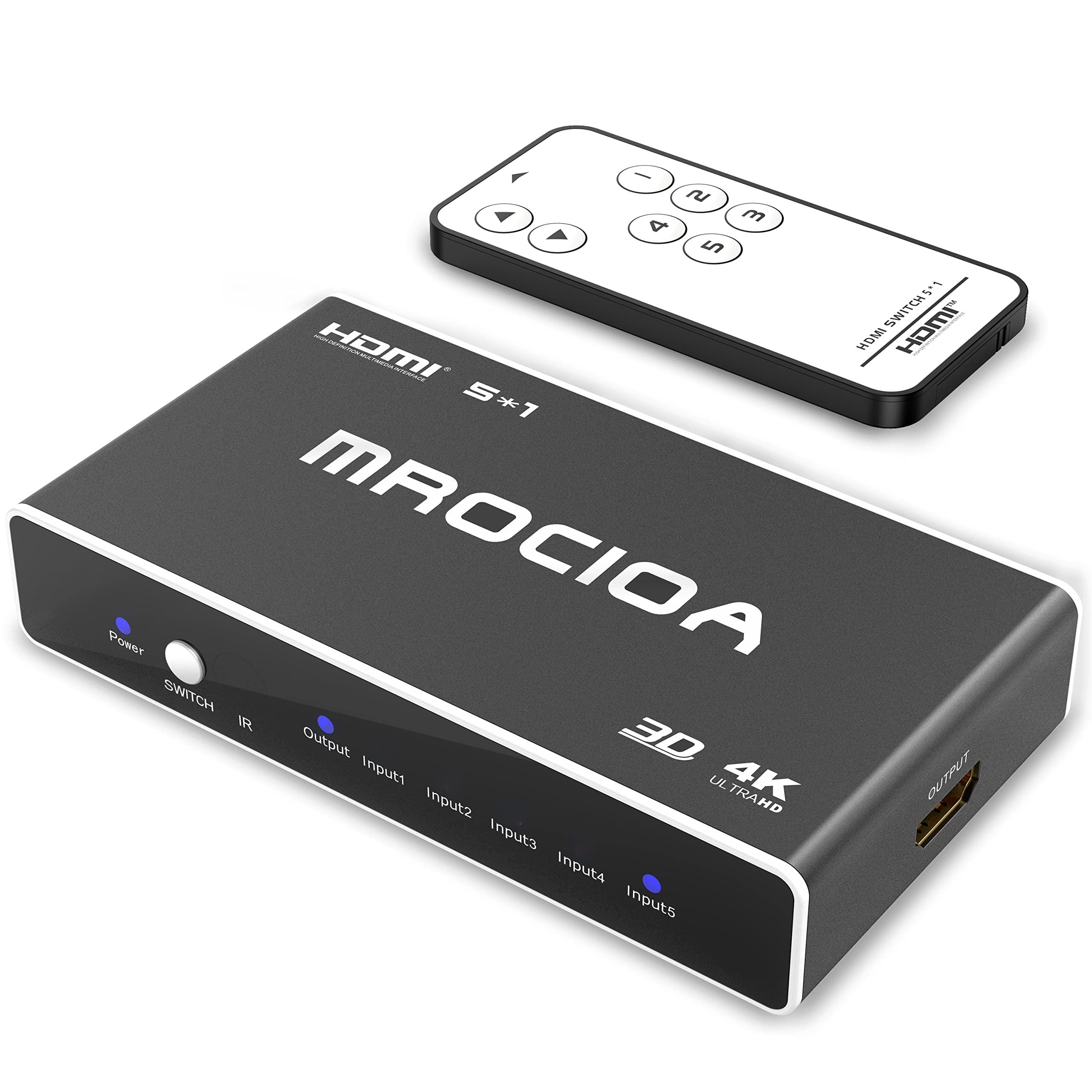 Interruptor HDMI 4K, mrocioa 5 em 1 saída 4K e 3D HDMI Switcher Box com controle remoto, o divisor HDMI de 5 portas para Ps4 / Xbox One/Fire TV/Apple TV/Sky Box/Stb/DVD/Laptop/Blue Ray.