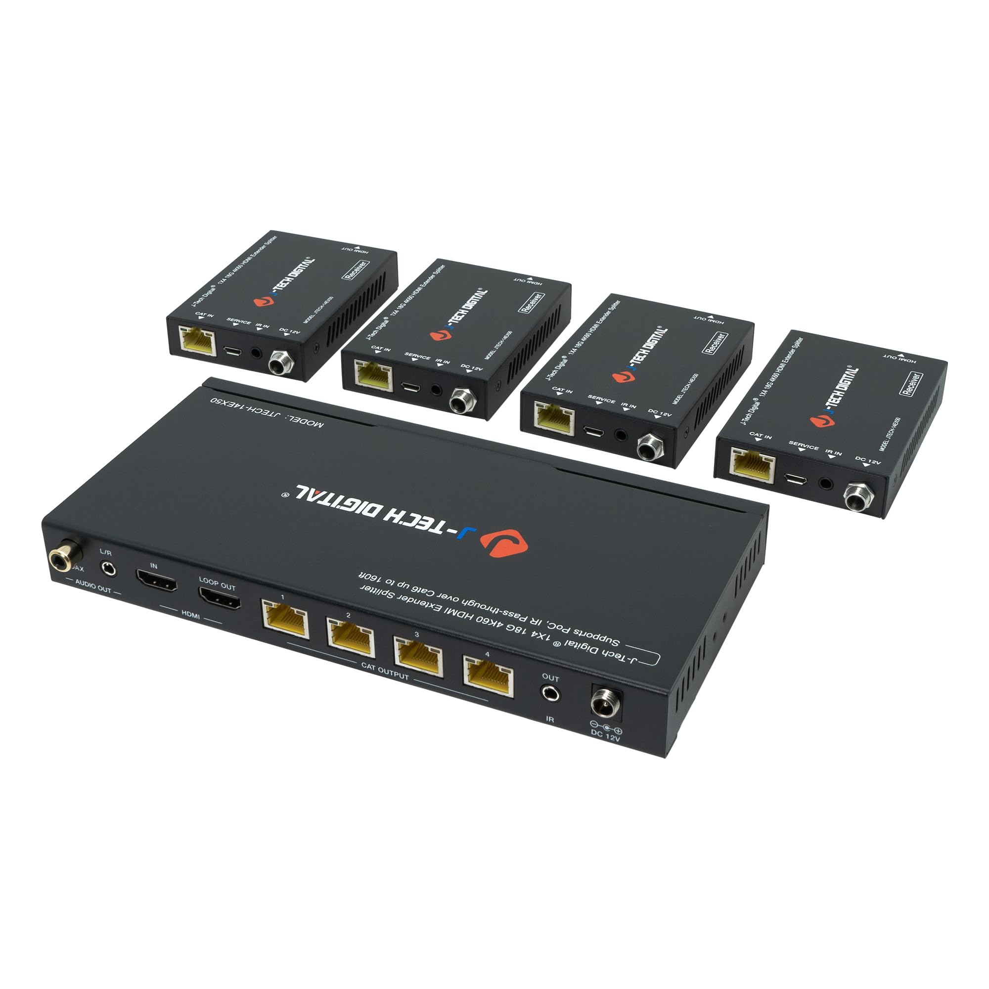 J-Tech Digital Extensor Divisor Hdmi 2.0 4K 1X4 Sobre Cabo Único Cat6 com Poc Até 196 Pés 1 Entrada 4 Saídas com Saída de Loop Local E Baixa Latência [Jtech-14Ex50]