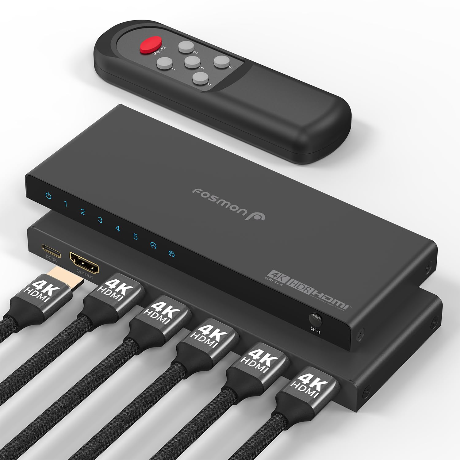 Switch HDMI de 5 Portas Fosmon 4K com Controle Remoto – Suporta 4K@60Hz, HDCP 2.2, Alta Velocidade de 18Gbps, 5 Entradas e 1 Saída, Comutação Automática – Hub/Splitter Switcher HDMI 2.0 5x1