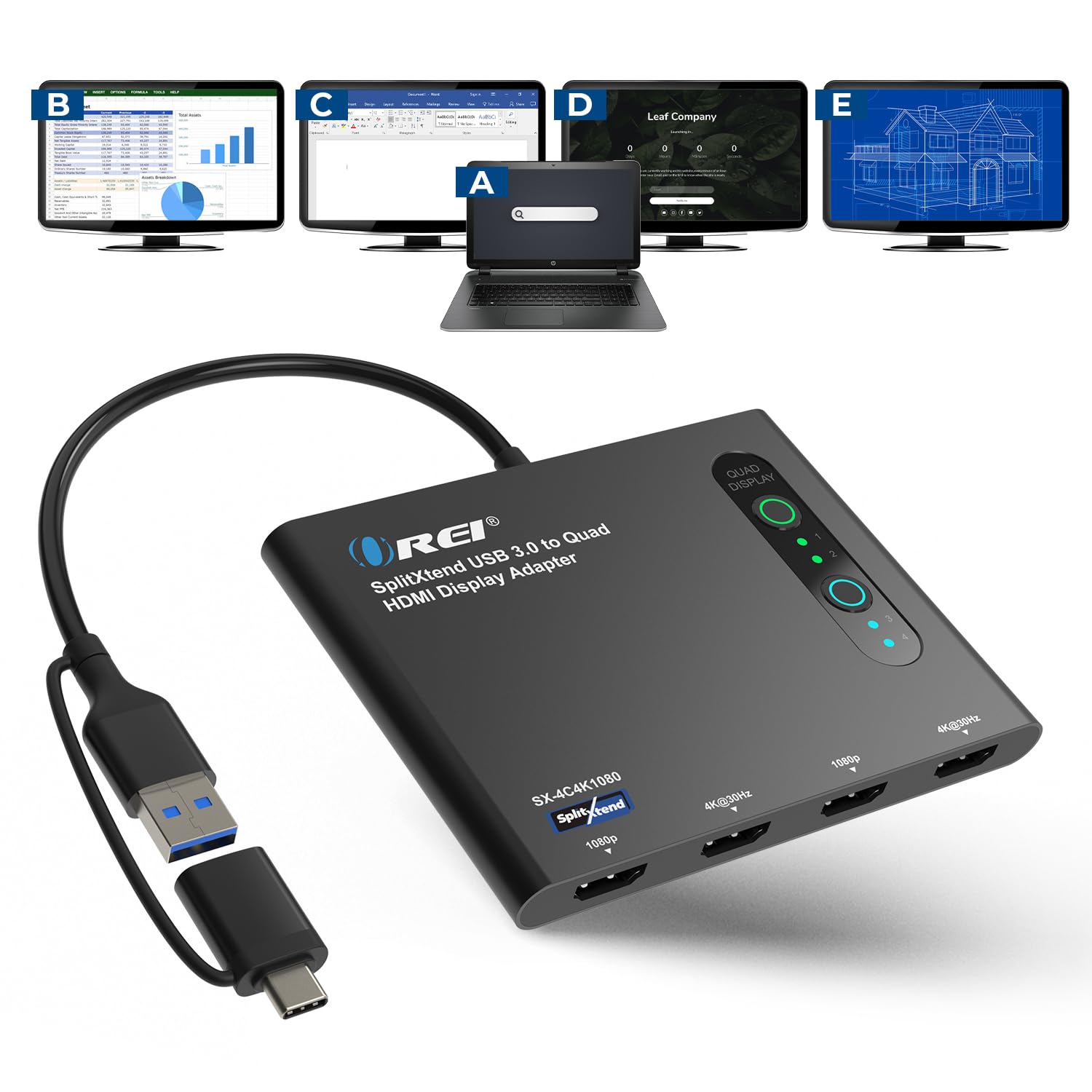 OREI SplitExtend Splitter HDMI Display estendido para monitor quádruplo – tela multimonitor 5 telas separadas – Adaptador USB-C para saídas HDMI 2.0, 4K @ 30Hz – compatível com Windows e Mac