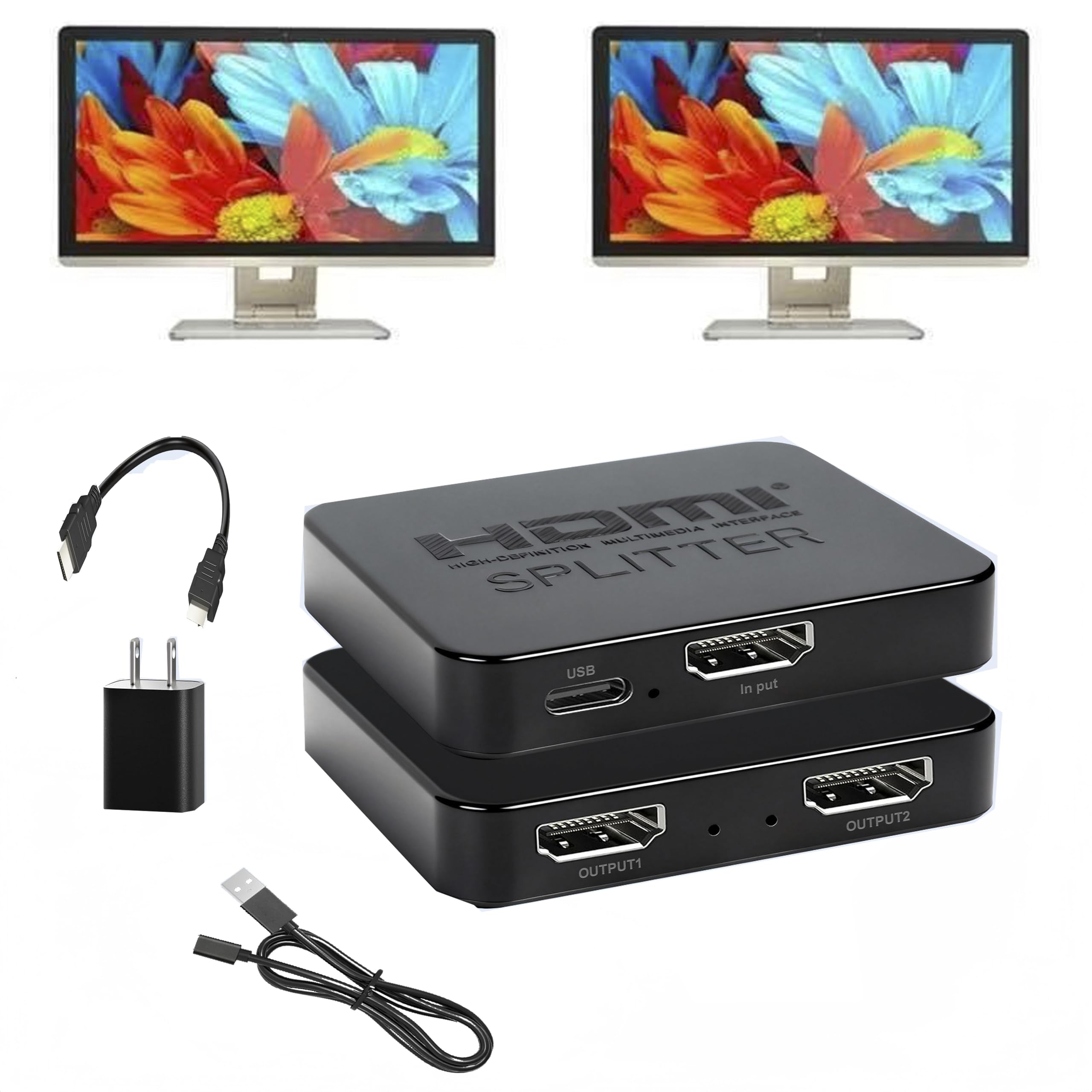 Divisor Hdmi 1 Entrada 2 Saídas [Com 3 Cabos Hdmi + 1 Cabo de Alimentação Usb] Divisor/Distribuidor Hdmi 1X2 com 2 Portas para Cópia/Espelhamento de Monitores Duplos, Suporte A 4K@30Hz
