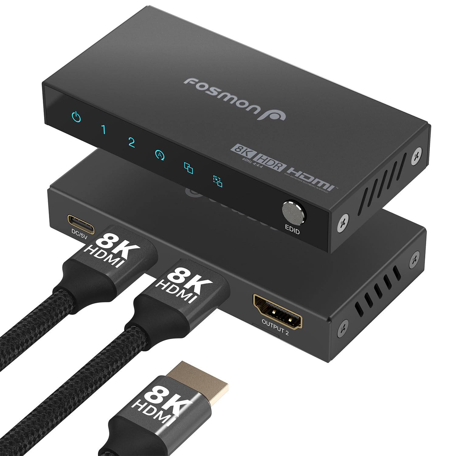 Fosmon Divisor Hdmi 8K 1 Entrada 2 Saídas, 1X2 4K@120Hz Hdmi 2.1 para Duplicação de Tela Em Monitor Duplo, Suporta Controle Edid, Lpcm, Dts, Dolby Digital, Hdcp 2.3, Cec, Hdr10