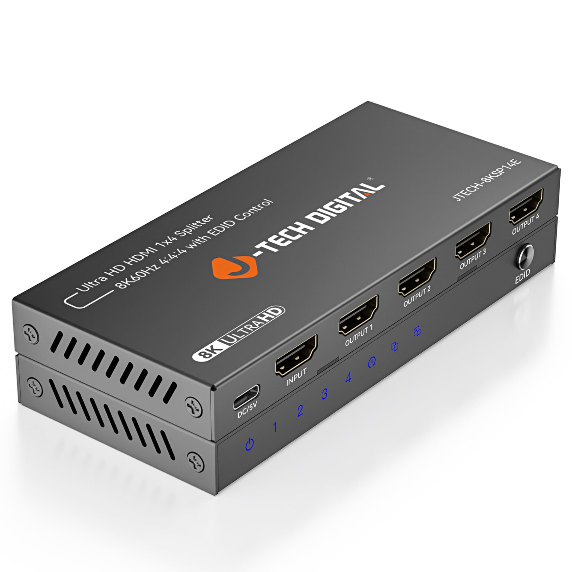 J-Tech Digital Divisor Hdmi 8K 1 Entrada 4 Saídas, Hdmi 2.1 1X4 Divisor 8K@60Hz 4K@120Hz 1080P@240Hz, Duplicação/Espelhamento de Tela 3 Modos Edid com Redução de Escala Hdcp 2.3 [Jtech-8Ksp14E]