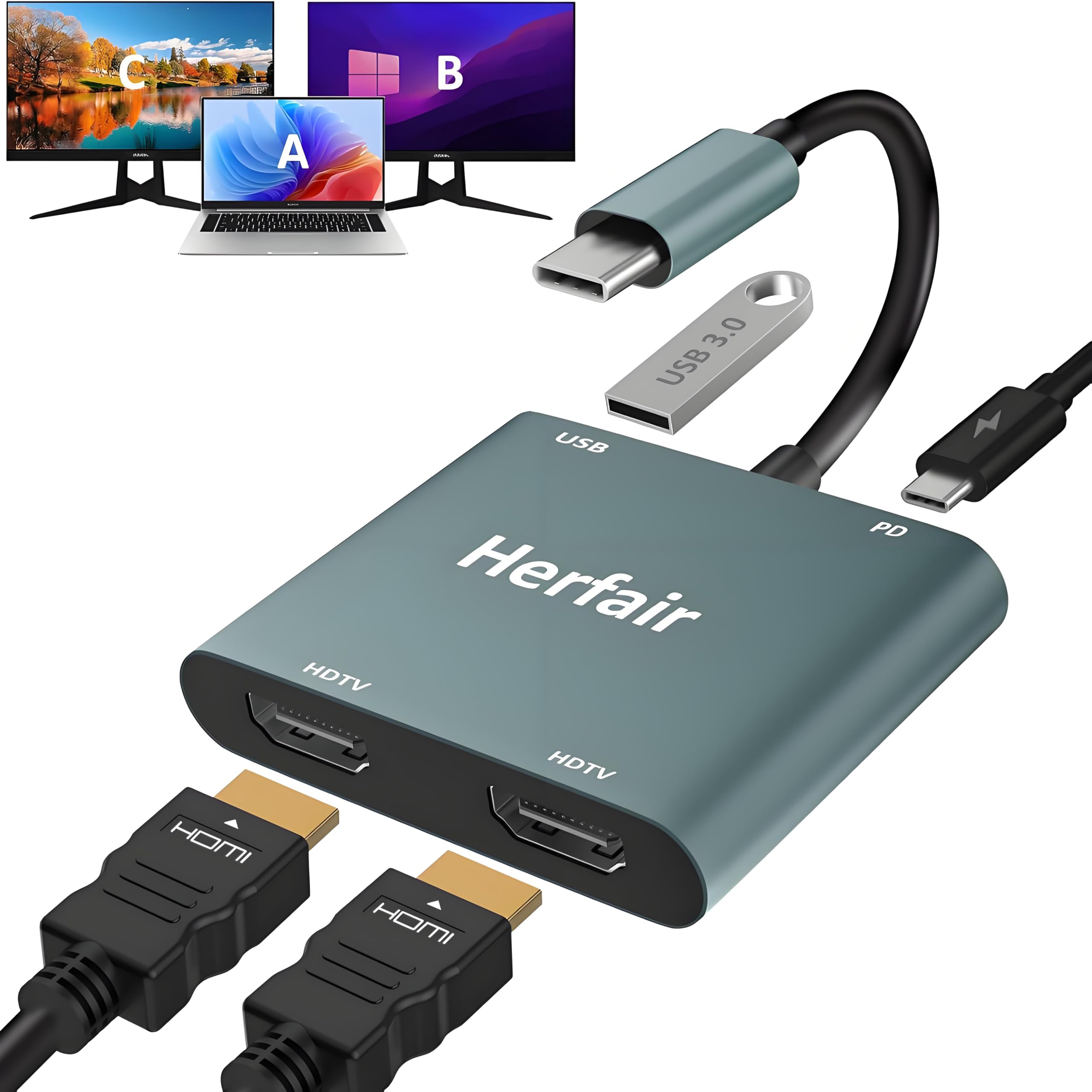 Herfair Adaptador USB C para HDMI duplo 4K a 30Hz, adaptador multiporta hub USB C 4 em 1, divisor HDMI para monitores duplos com PD de 100 W e porta USB 3.0, tipo C para HDMI para dispositivos USB-C