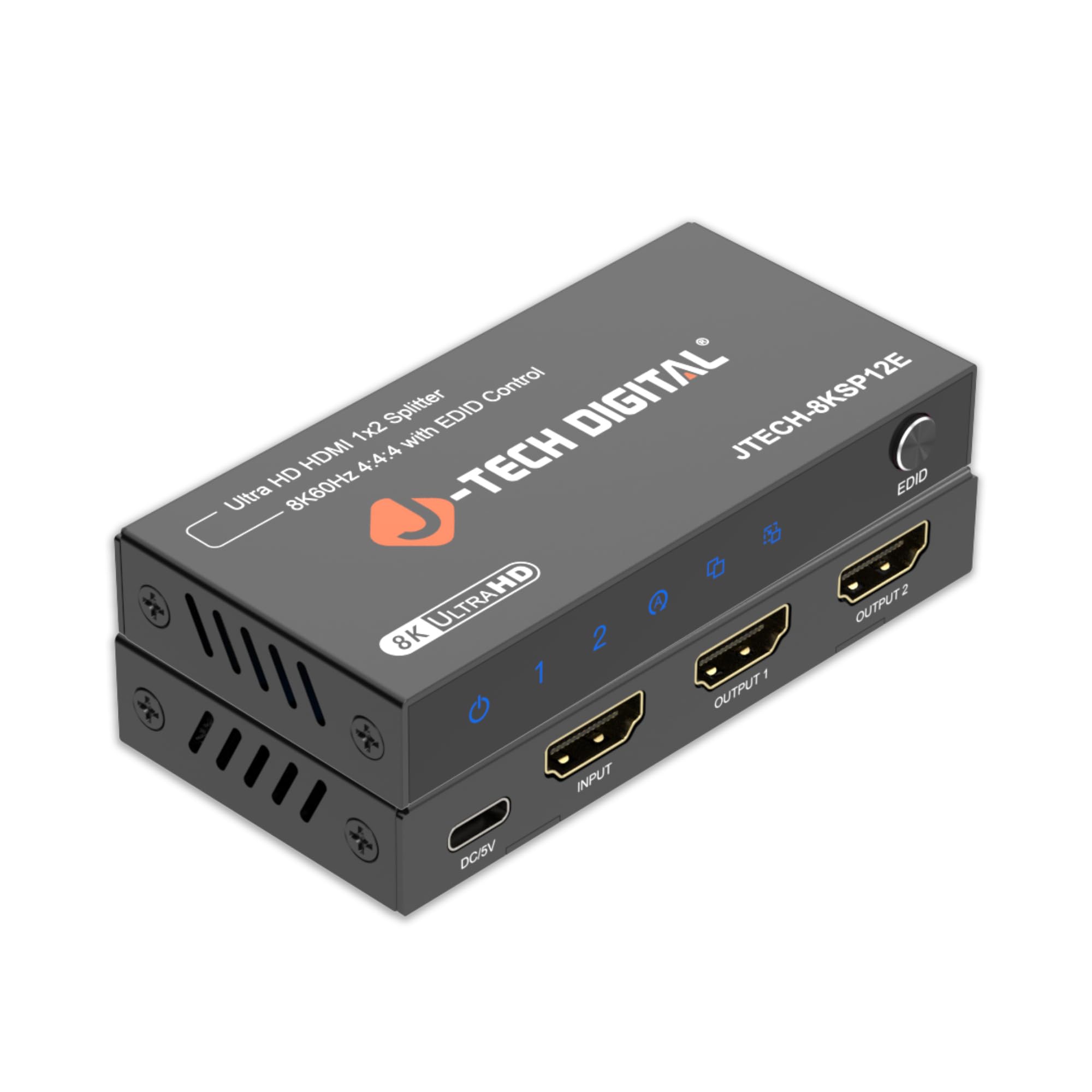 J-Tech Digital Divisor Hdmi 2.1 8K 1 Entrada 2 Saídas, Divisor Hdmi 1X2 8K@60Hz 4K@120Hz 1080P@240Hz, Duplicação/Espelhamento de Tela 3 Modos Edid com Redução de Escala [Jtech-8Ksp12E]