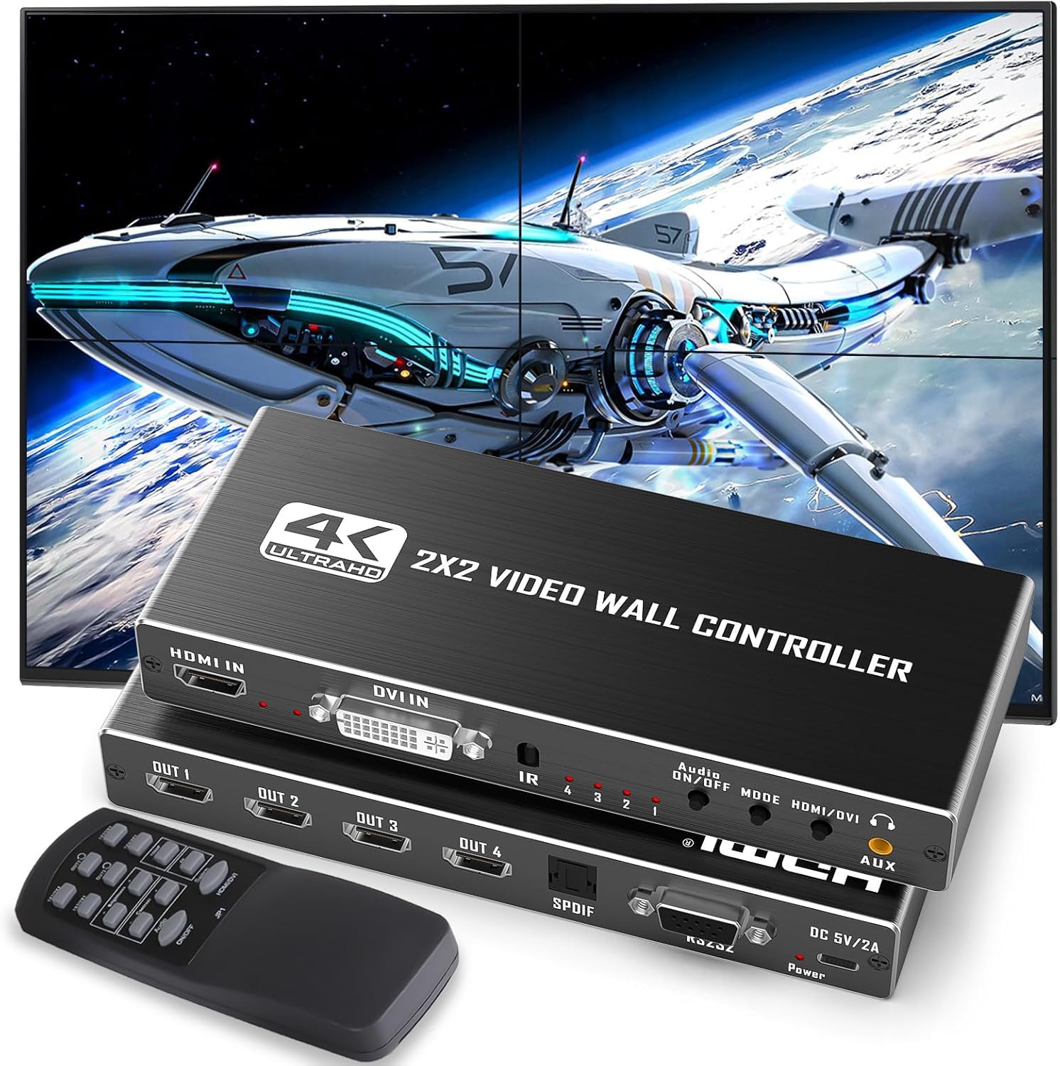 PRINCASE Hdmi Splitter 4K Divisor Hdmi Duplicador 2x2 Controlador Parede Vídeo Entrada DVI Transforma 4 Telas TV Unico Monitor Rotação 180° Saída Audio Controle Remoto IR Botão Pressão PC Projetor Monitor