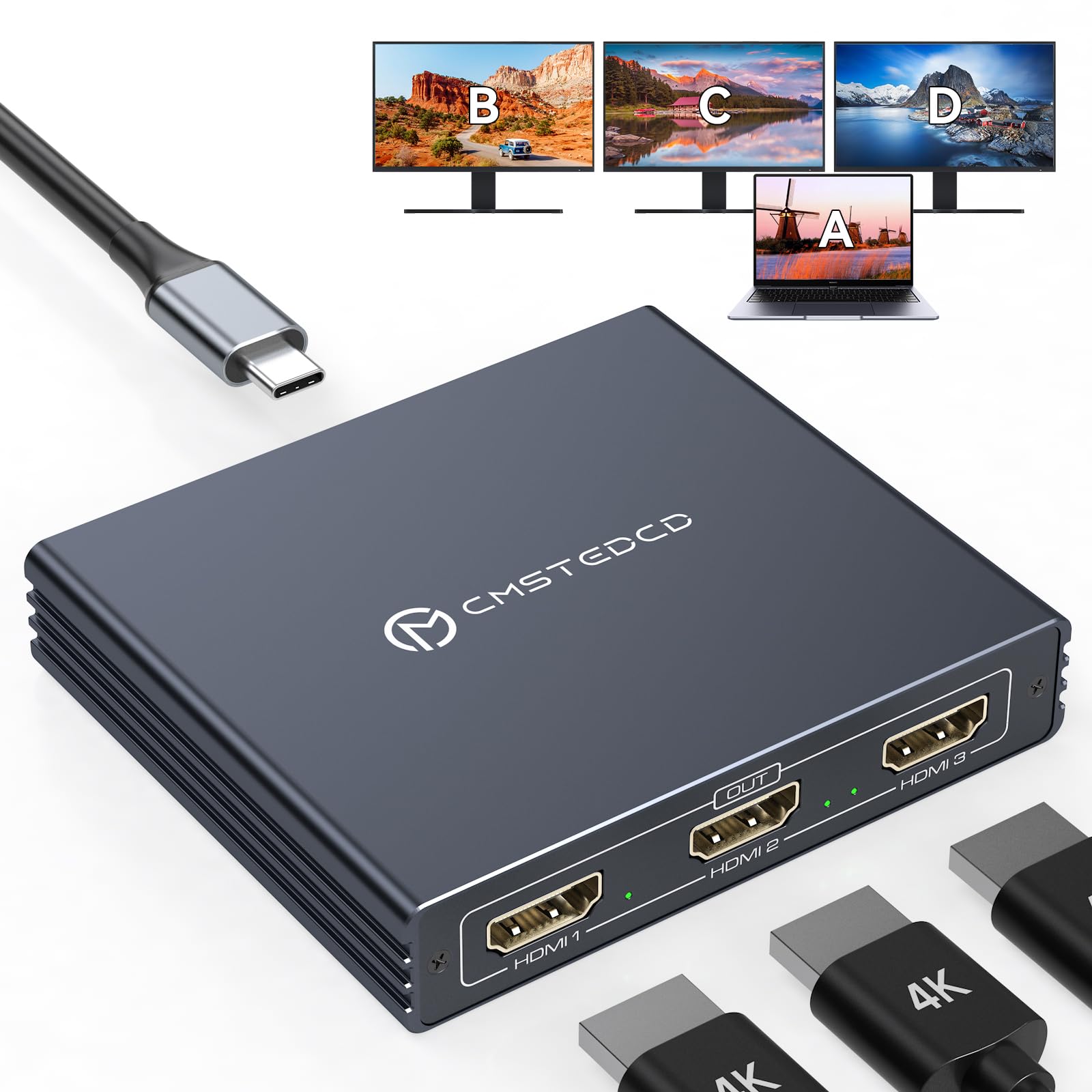 Adaptador USB C para 3 HDMI com 100W PD USB C para HDMI Splitter 1 entrada 3 saídas 4K60Hz Suporte estendido no Windows para Thunderbolt 3 ou porta superior