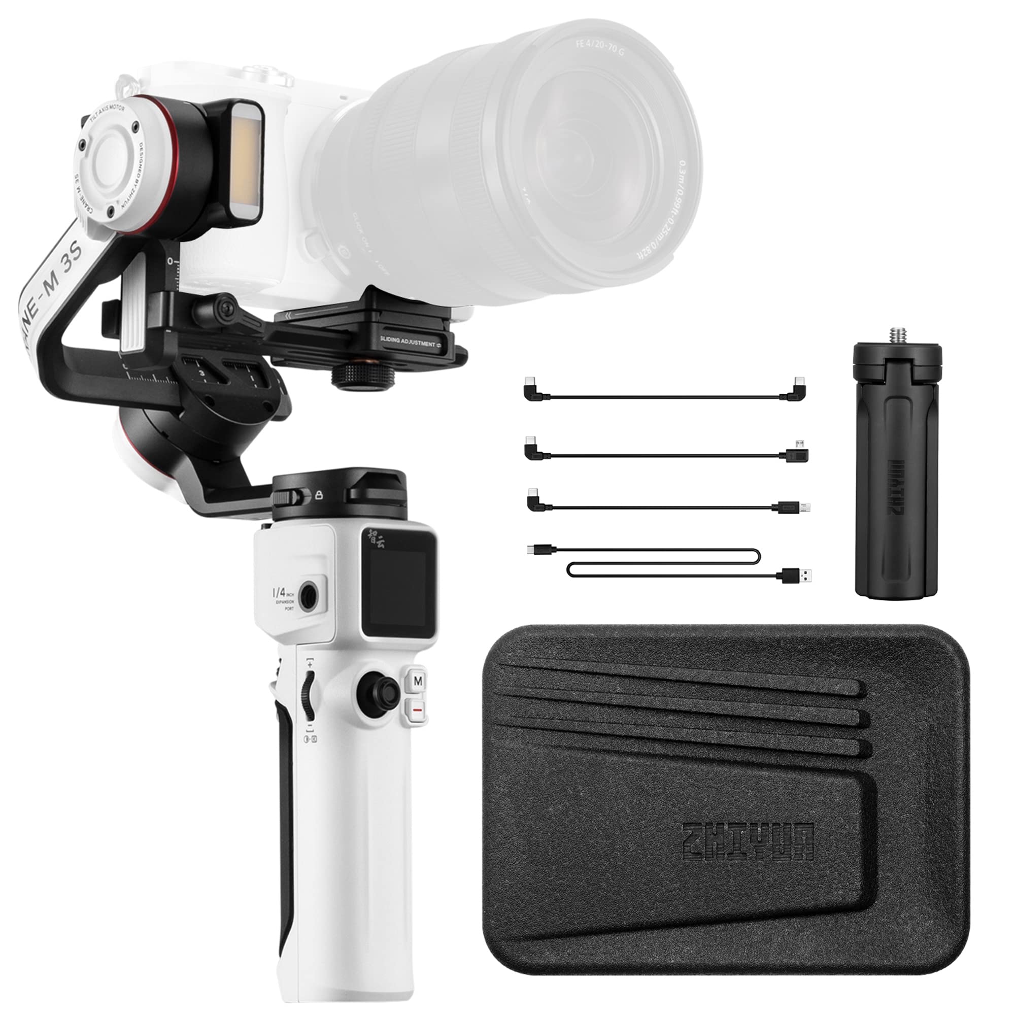 Gimbal portátil Zhiyun Crane M3S Estabilizador de 3 eixos, design multiuso para câmeras sem espelho como Sony, Canon, smartphone como iPhone, Sumsung, câmeras de ação como GoPro (versão de 2023) | Design Multiuso, Para Câmeras sem Espelho Sony, Canon, Para Smartphone iPhone, Samsung, Para Câmeras de Ação GoPro