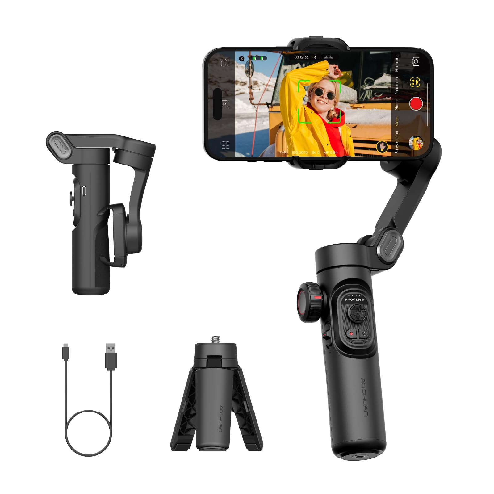 AOCHUAN Estabilizador Gimbal para iPhone Gimbal, Smartphone com foco na roda de rosto/rastreamento de objetos para iPhone 17 16 15 Pro Max/Android Estabilizador de telefone portátil dobrável de 3
