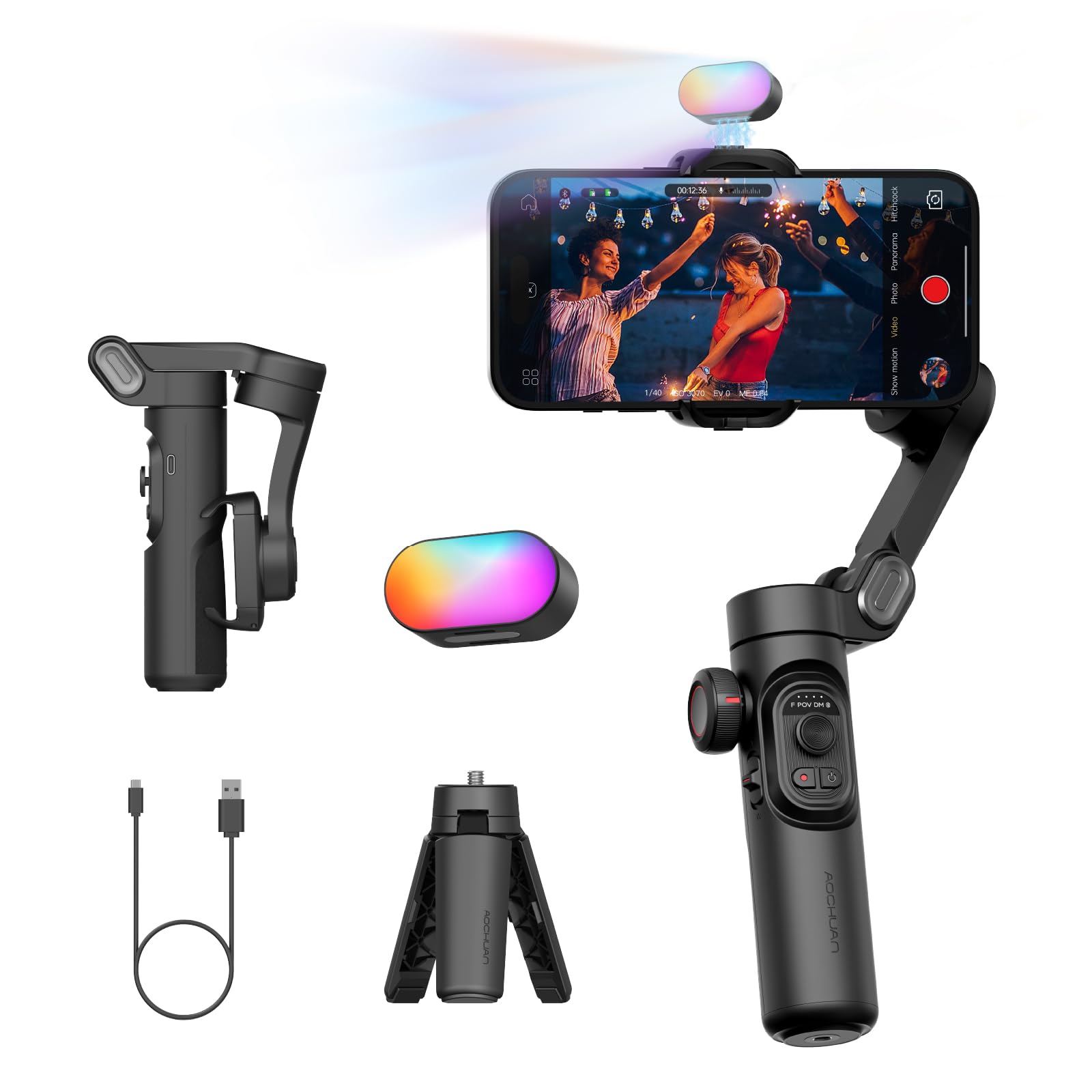 AOCHUAN Estabilizador Gimbal de 3 eixos para smartphone, Gimbal com luz de preenchimento magnético RGB, roda de foco de rastreamento facial dobrável para iPhone e Android, gimbal de gravação vlog, kit
