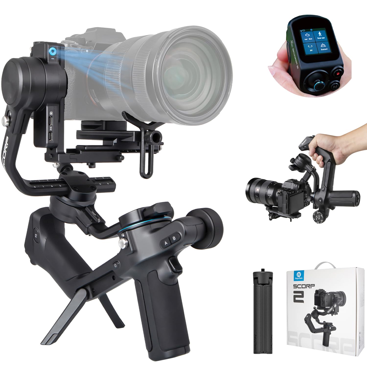 FeiyuTech Estabilizador de Cardan Scorp 2 para Câmera Dslr e Sem Espelho, Sensor de Rastreamento Al Integrado, Estabilizador de Câmera de 3 Eixos para Sony Canon Panasonic Nikon, Tela de Toque de Carg