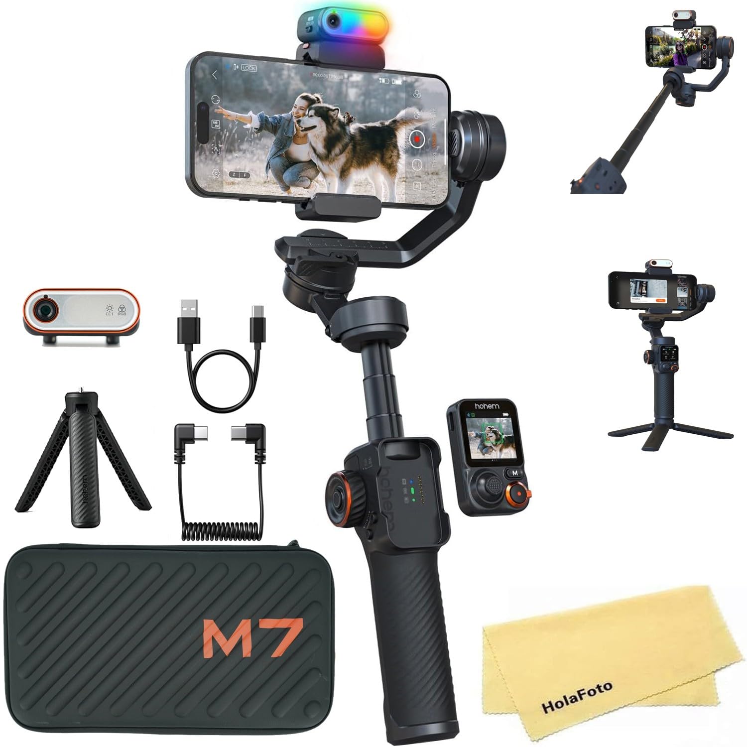 hohem Estabilizador gimbal iSteady M7 para smartphone iPhone Android, gimbal de telefone com rastreamento de IA, luz de preenchimento, controle remoto removível de tela sensível ao toque de 1,4