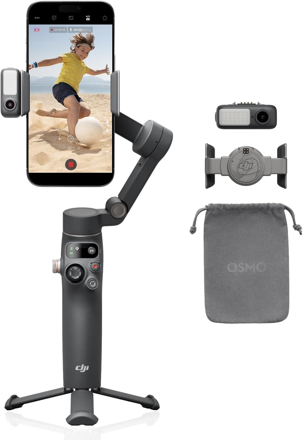 Osmo Mobile 8P Gimbal Estabilizador para iPhone e Android Controle Remoto, Rastreamento Nativo, Barra de Extensão e Tripé Integrados, Bateria de 10 h, Estabilização de 3 eixos, Rotação de 360°, Gimbal