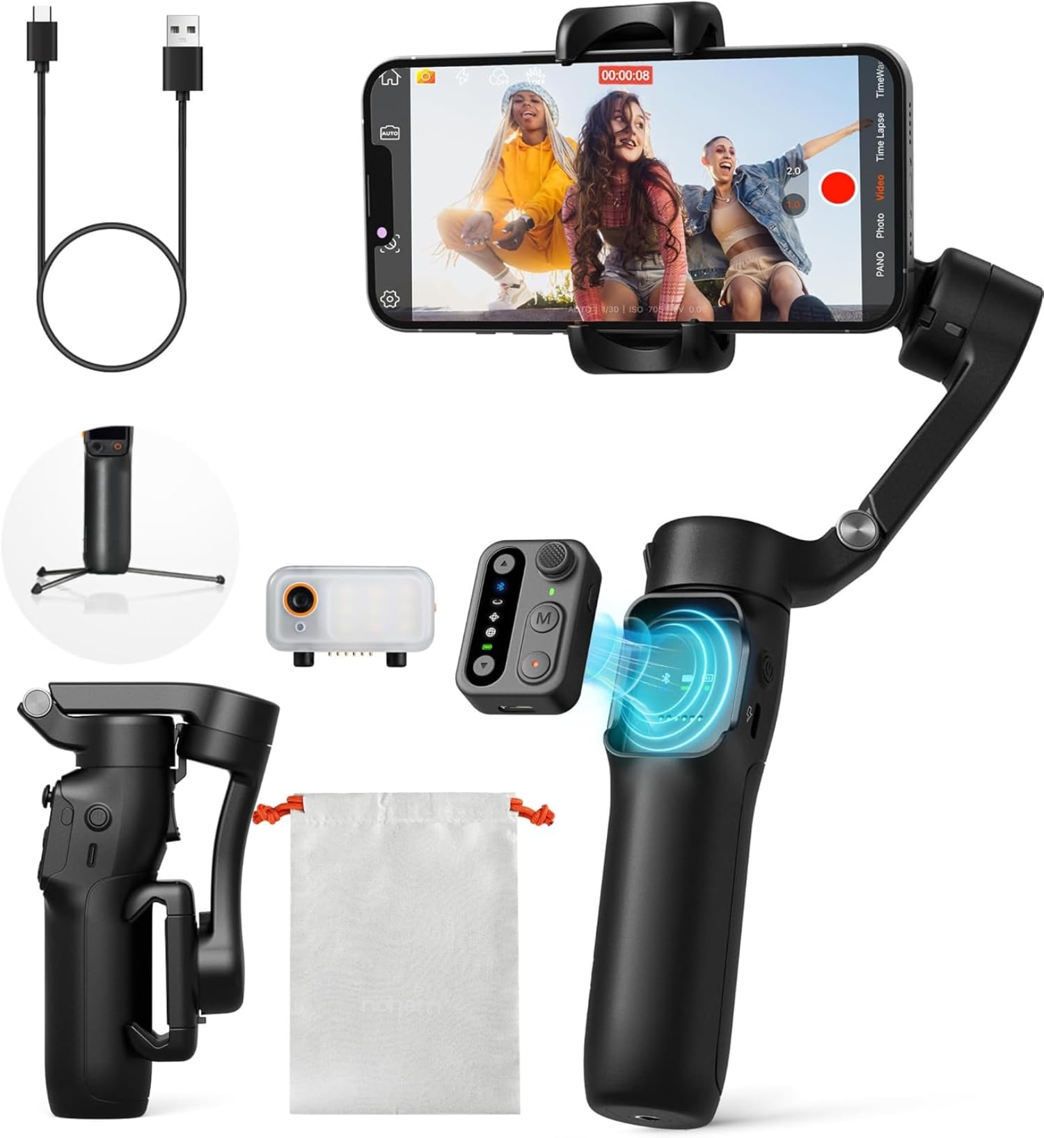 Ho-hem iSteady 3 Estabilizador Celular Gimbal 3 Eixos AI Rastreamento Automático,Controle Remoto Destacável,Haste Extensível Integrada,Tripé e Luz Estabilizador Celular para Iphone Vlog Viagem