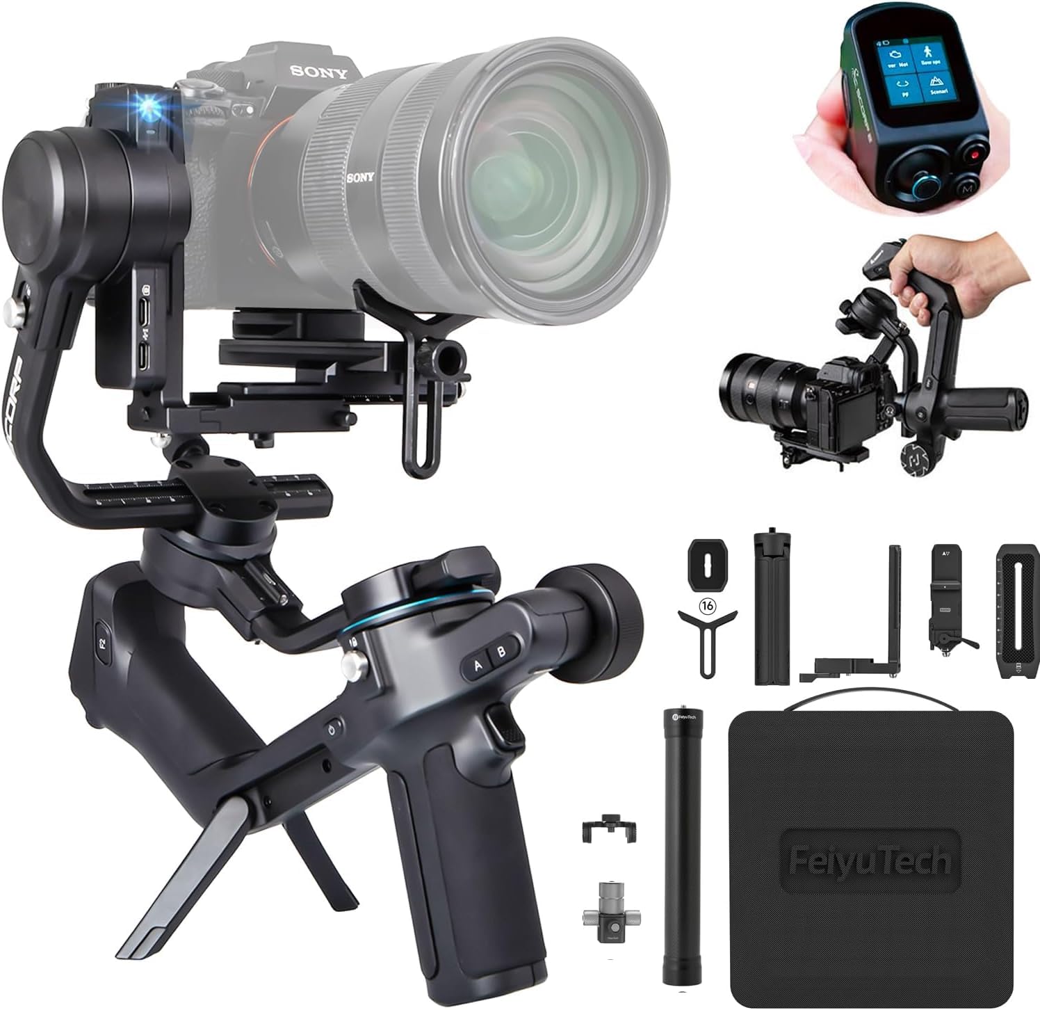 Estabilizador Gimbal FeiyuTech SCORP 2 KIT para Câmeras DSLR e Mirrorless, Rastreamento de IA Integrado,Peso Máximo de 2,5 kg, Tela Sensível ao Toque, Gravação Vertical Nativa com Estojo
