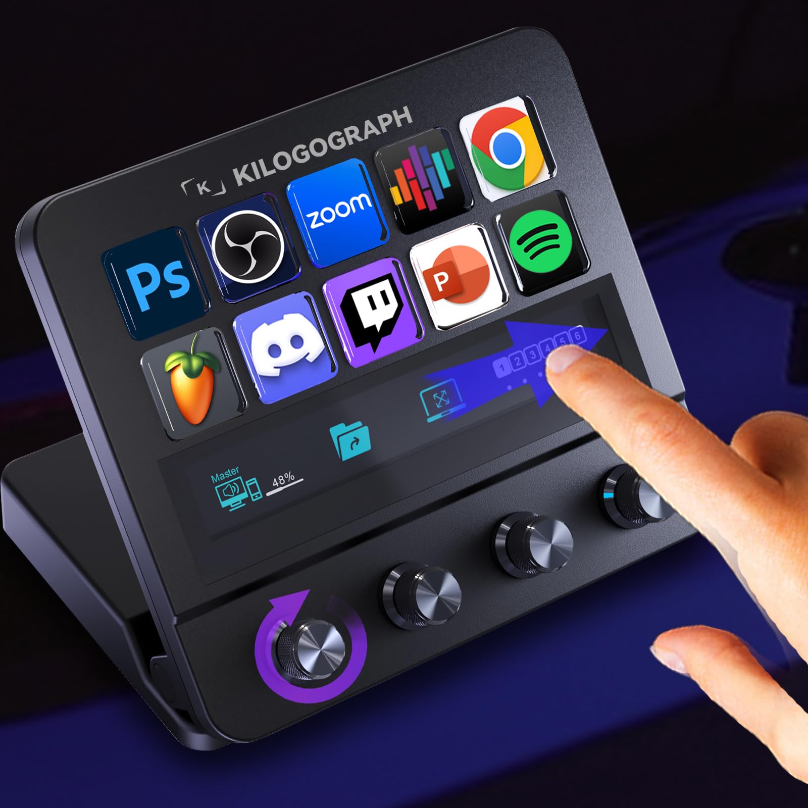 KILOGOGRAPH Stream Dock with Knobs Screen N4E - Streamdeck para PC Mac, teclados macro Mirabox com 10 botões macro, controle de brilho de volume, controle de streaming de PC com fio, deck de jogos ao
