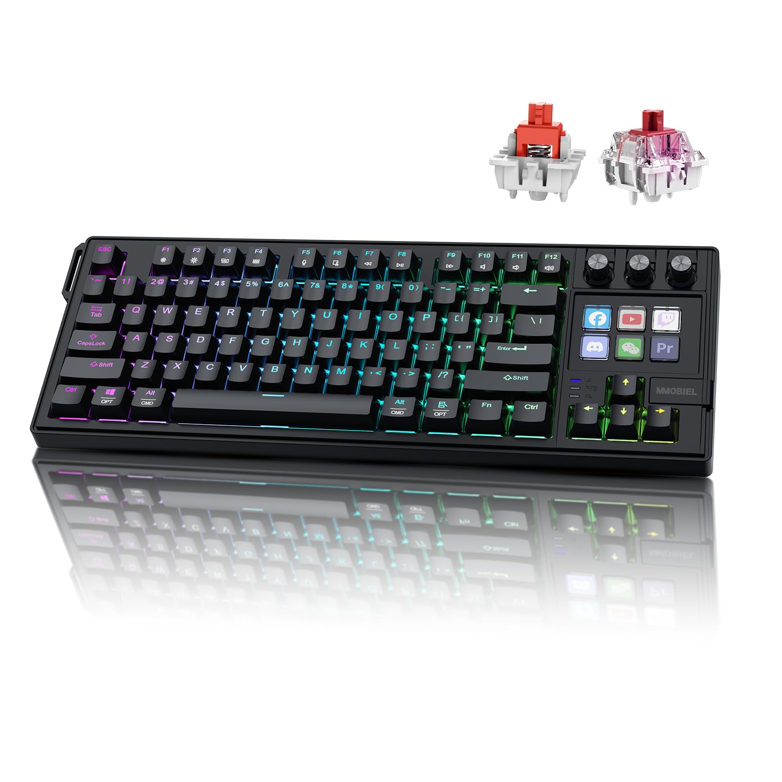 Teclado mecânico para Stream Deck da MMOBIEL – Teclado QWERTY RGB de troca a quente com 6 teclas macro LCD programáveis e 3 mostradores de controle para OBS, streaming, edição, produtividade – para
