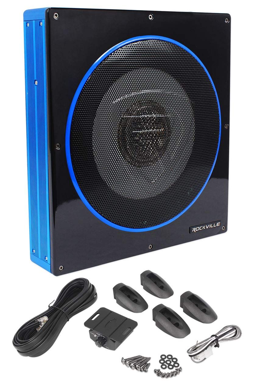 Rockville Subwoofer automotivo RW10CA 800W Peak Slim 25.4 cm, amplificador embutido, controle remoto com fio, design de baixo perfil para sistemas de áudio de carro compactos