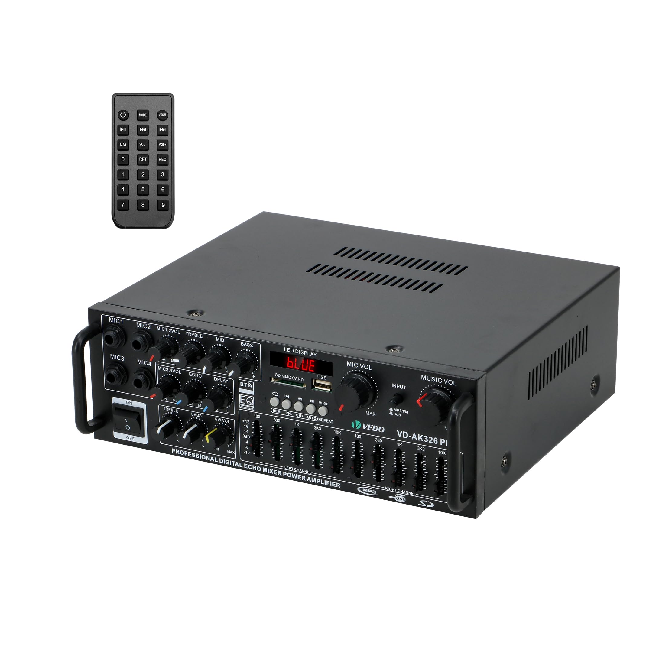 VEDO Amplificador de potência Bluetooth 2.1 de 300 W, 12 V, 110 V/220 V para áudio automotivo e residencial, com controle remoto e subwoofer