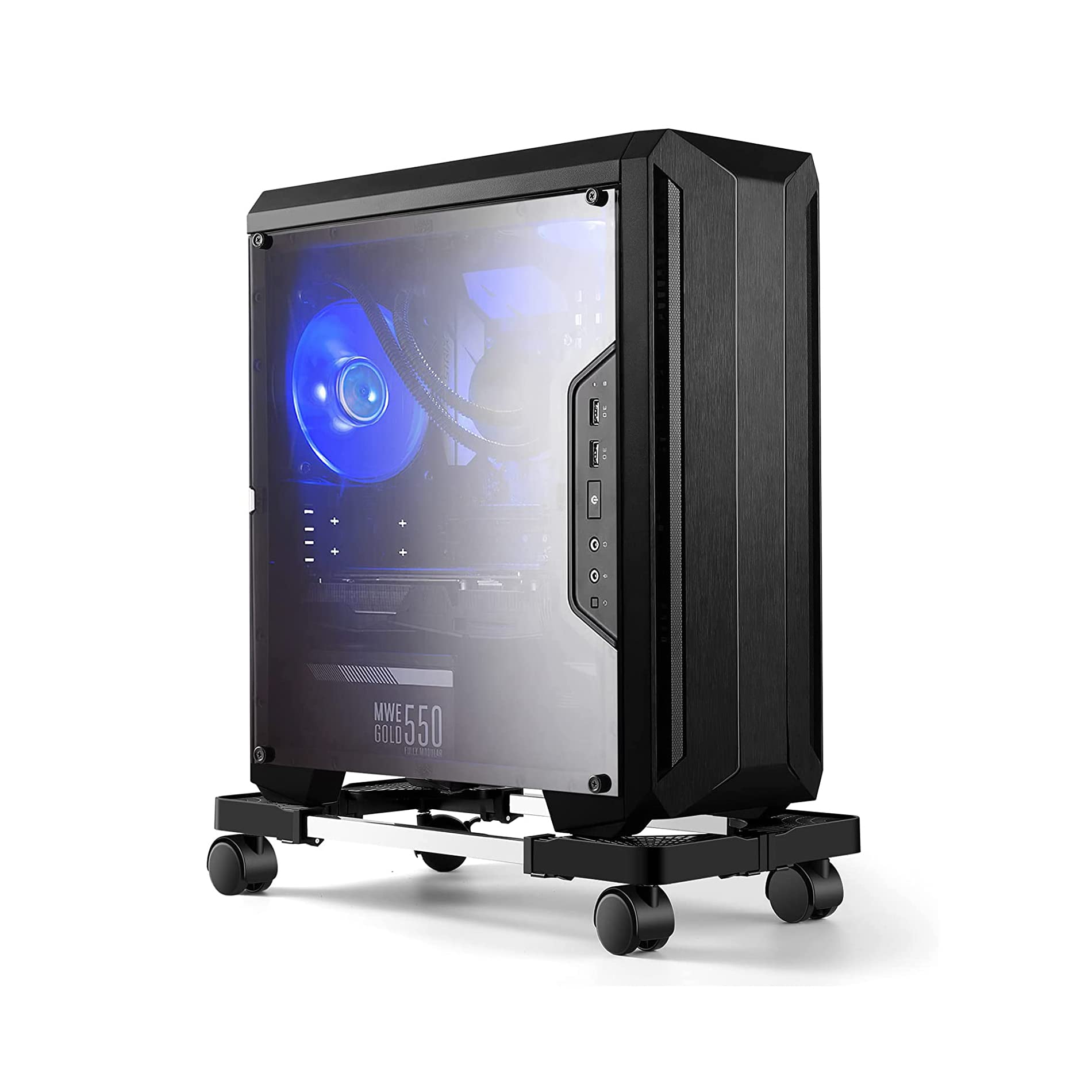 Suporte de torre de computador, suporte de CPU móvel ajustável Hmseng com 4 rodas giratórias, suporte de torre de PC se encaixa na maioria dos PCs embaixo da mesa - preto