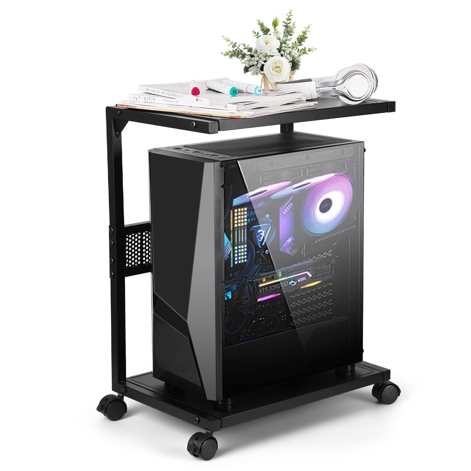 Bfttlity Suporte de PC para torre de computador, suporte de CPU de metal de 2 camadas com rodas de travamento adequado para a maioria dos PCs (P, preto)