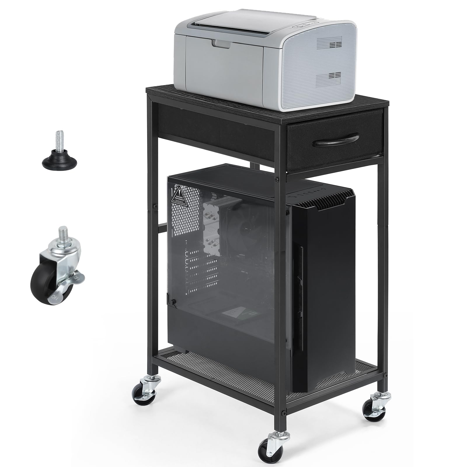 YBING Suporte para PC de 2 níveis com gaveta, carrinho de computador móvel com suporte de CPU de metal para armazenamento em rodas, suporte preto para torre de computador, suporte para chão e