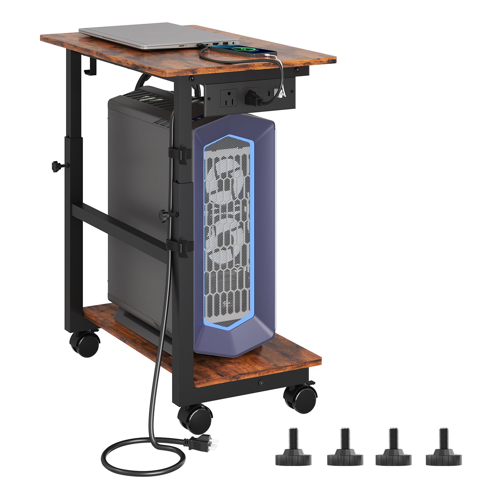 HavenlyYouth Suporte de Torre de Computador de 2 Níveis com Tomada Elétrica, Suporte de Torre de PC com Altura Ajustável e Rodas, Carrinho de Suporte de CPU com Ganchos para Casa, Escritório, Gaming