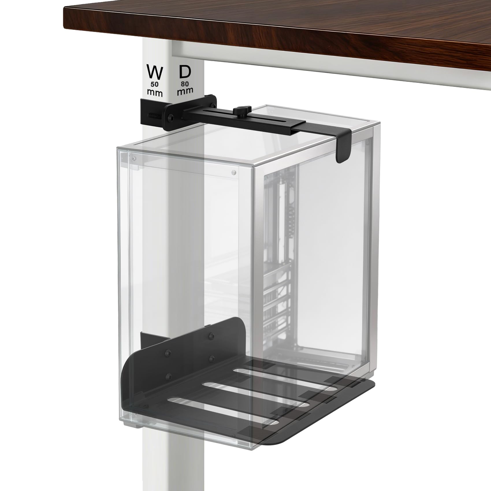 Suporte de PC sem perfuração embaixo da mesa, suporte de CPU ajustável para mesa em pé, compatível apenas com pernas de mesa de 80 mm × 50 mm, suporta até 22,7 kg, inclui almofadas