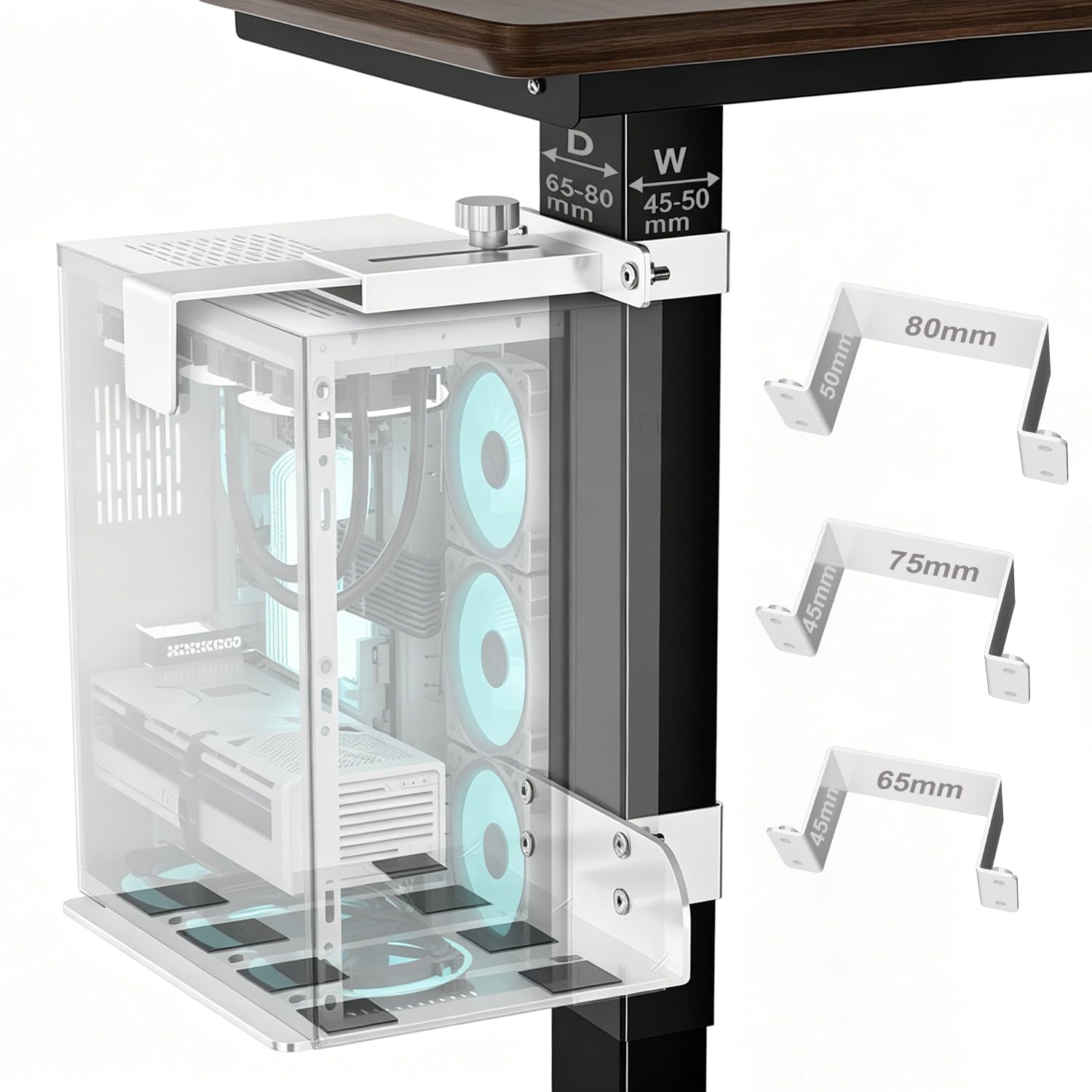 Suporte para PC sob a mesa – Capacidade sem perfuração de 18 kg, cabe em 3 tamanhos fixos de perna de mesa, suporte de CPU embaixo da mesa, suporte de PC ajustável para mesa em pé, com almofadas