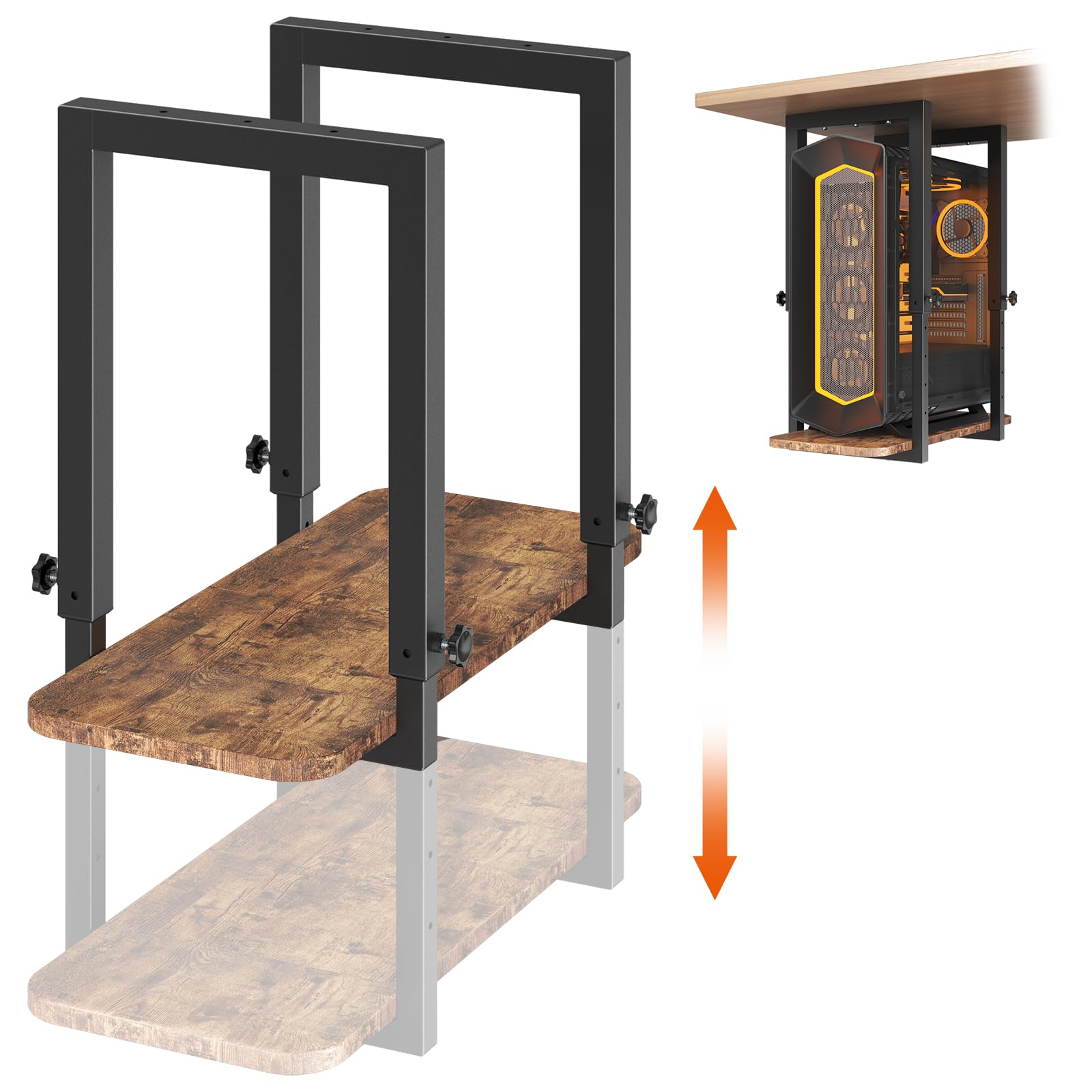 Suporte de PC de montagem na base ajustável em altura, suporte de CPU estável para PC gabinete, suporte de computador de mesa com economia de espaço, carga de até 30 kg, preto e marrom vintage
