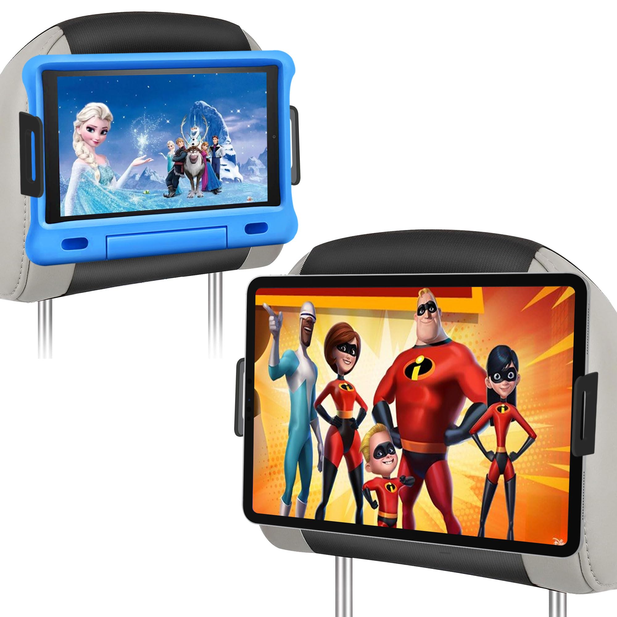 Pacote com 2 suportes para tablet de encosto de cabeça para carro, suporte de iPad para banco traseiro de carro, alça antiderrapante e placa de suporte para todos os dispositivos de 12,9 a