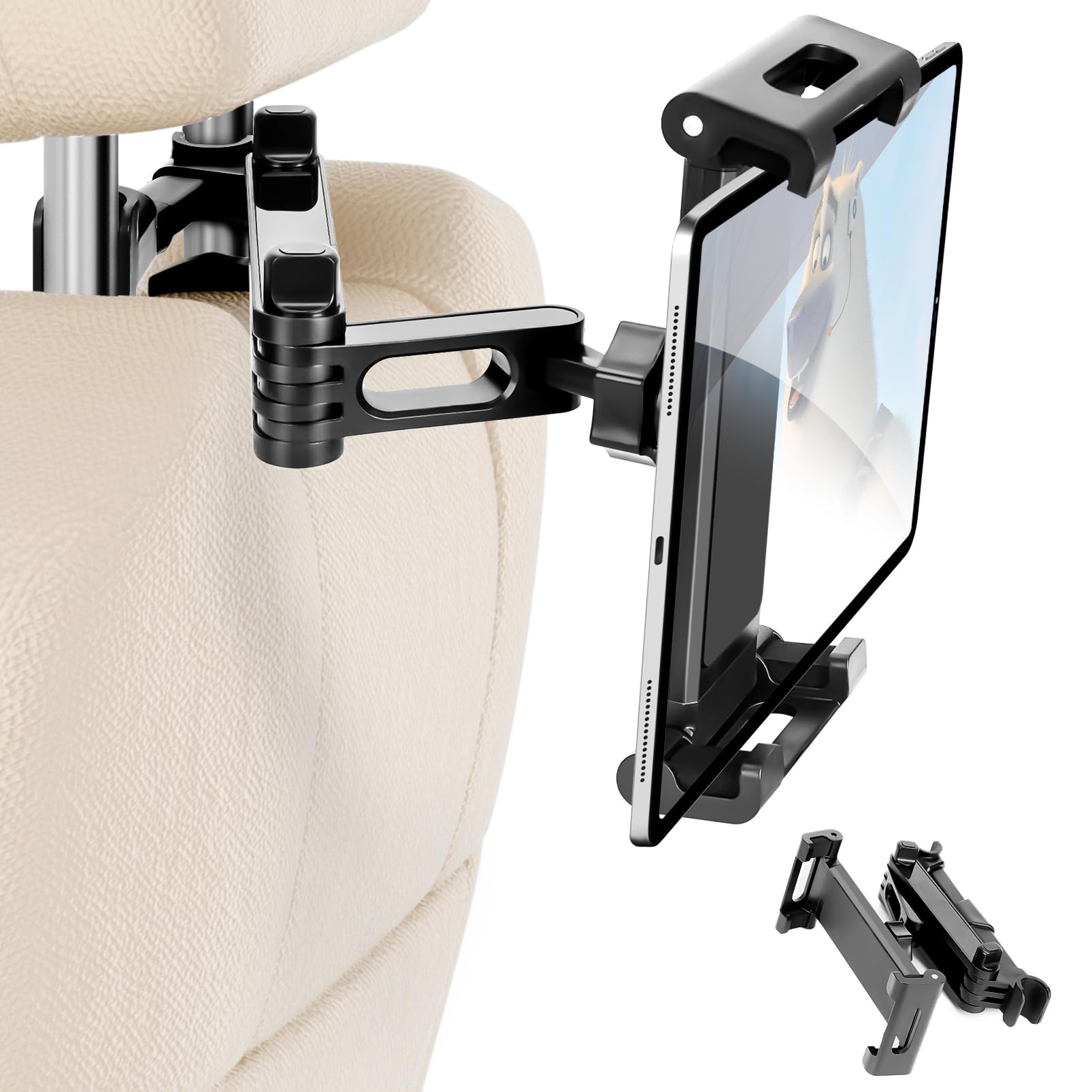 Suporte de tablet para encosto de cabeça de carro, suporte dobrável compatível com iPad de 6 a 13 polegadas, Air, Mini, interruptor, rotação ajustável de 360°, essencial para viagens