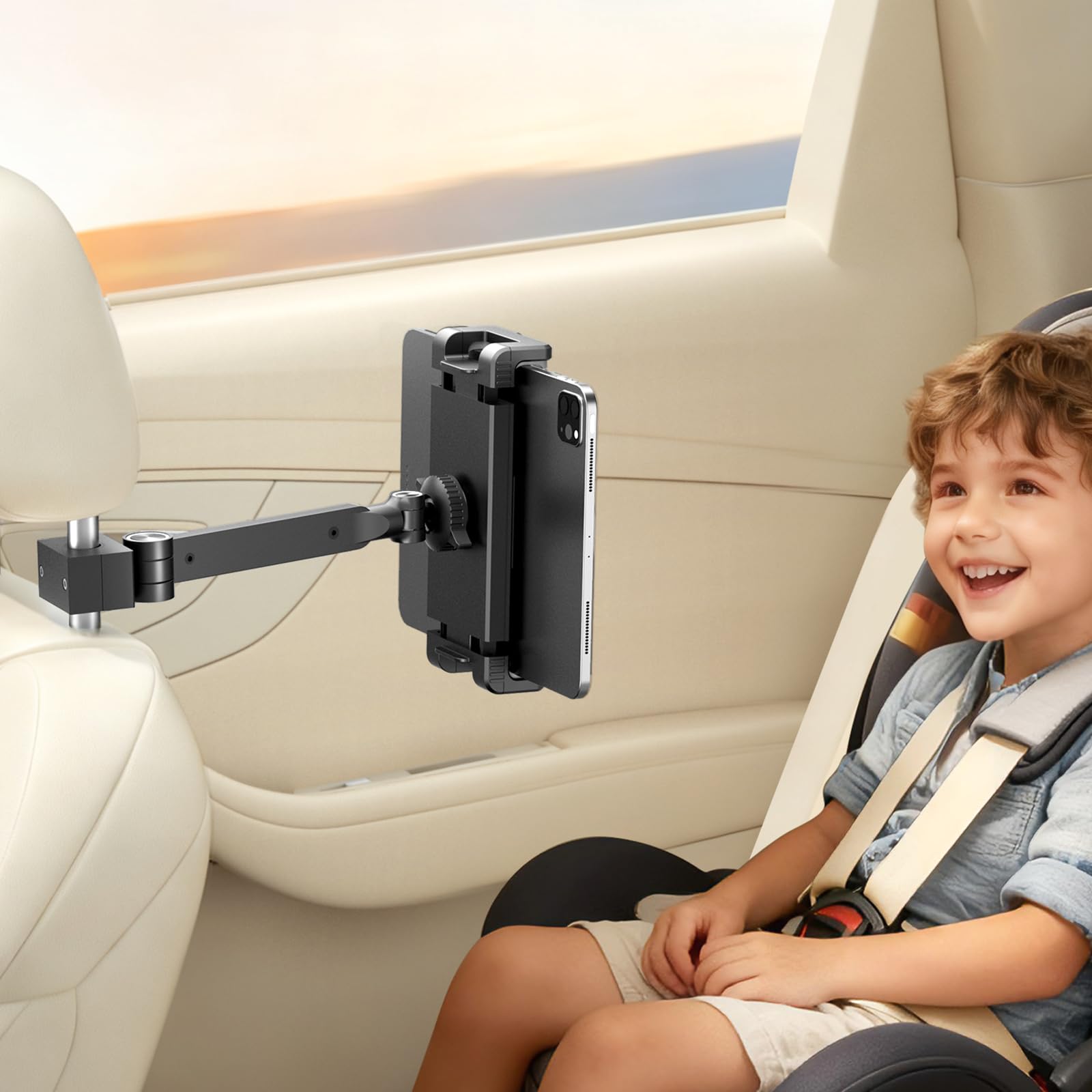 UPERGO Suporte para tablet de carro para encosto de cabeça – [Braço longo de extensão de alumínio] [ultracompacto] Suporte dobrável para iPad para banco traseiro de carro, suporte para assento