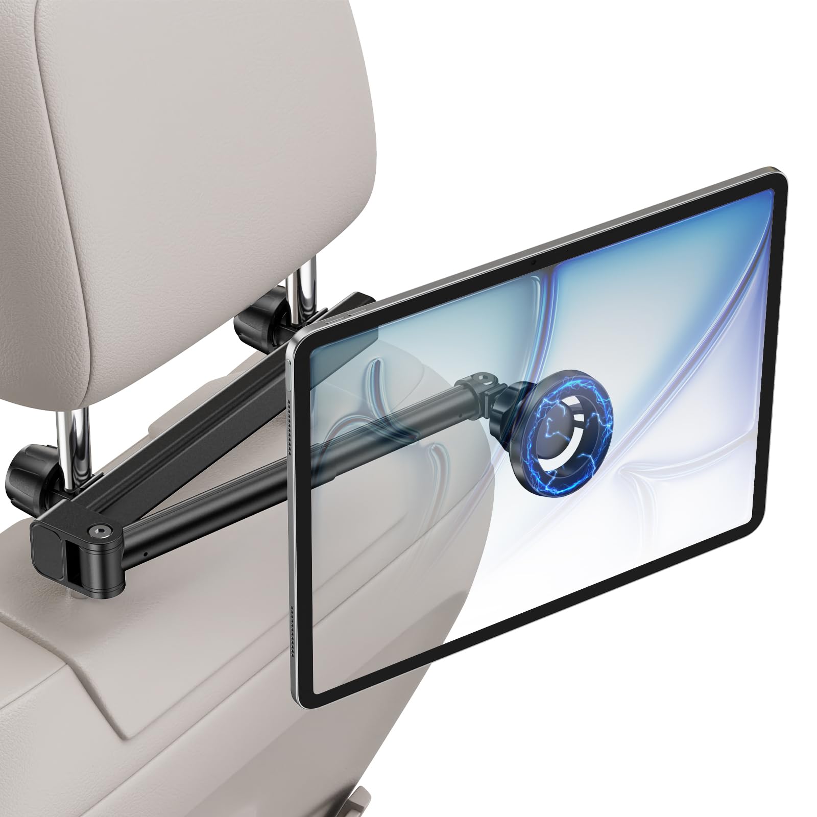 Suporte magnético para tablet para encosto de cabeça para carro | Suporte de carro de alumínio ajustável para tablets e telefones; suporte magnético de 2,7 kg, anel magnético incluído