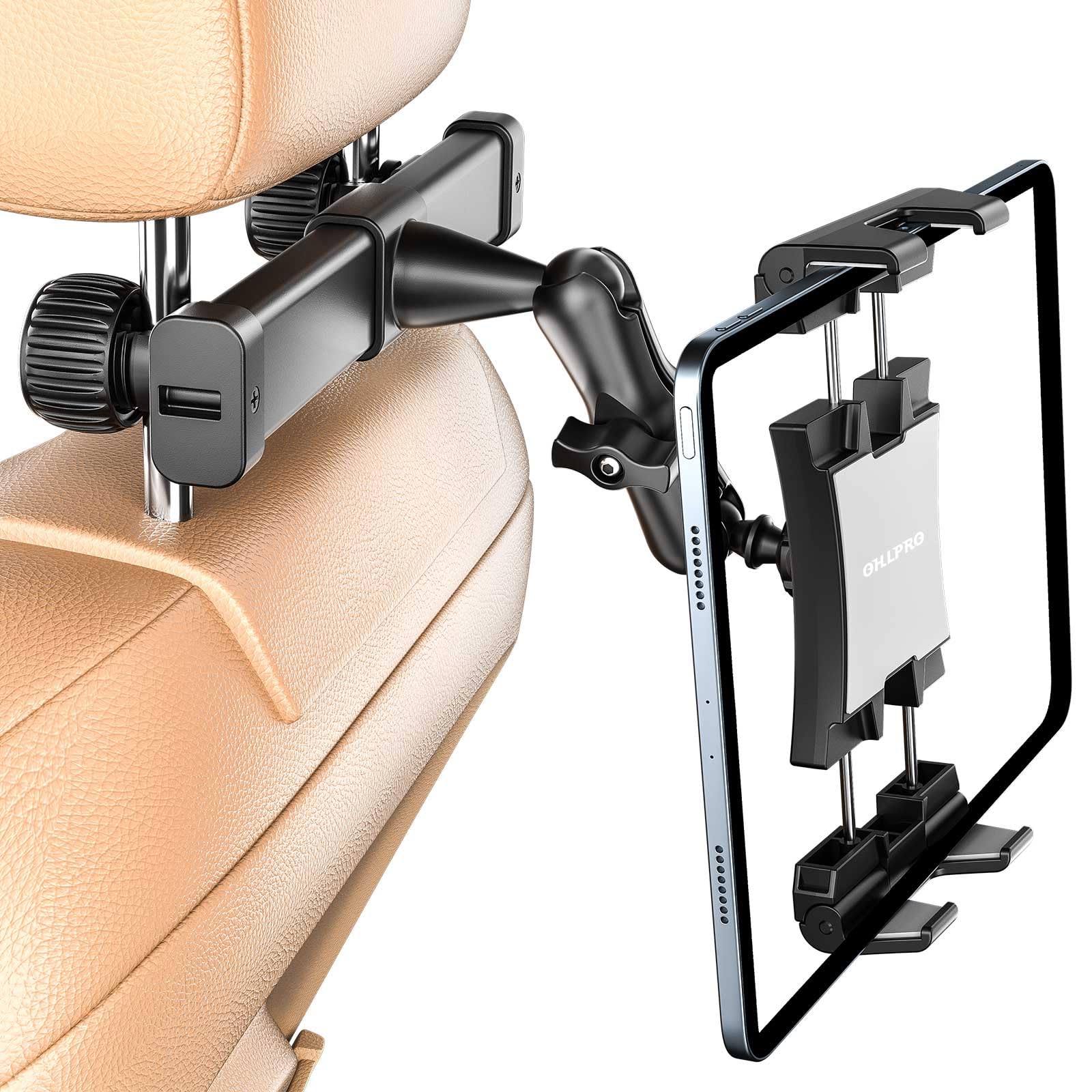 OHLPRO Suporte de tablet para encosto de cabeça para assento traseiro de carro, iPad com braço telescópico dobrável, acessórios essenciais para viagem de carro para crianças – Serve para tablets de