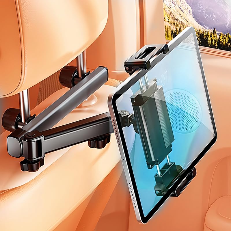 Apoio de cabeça de carro para iPad com braço dobrável de junta dupla, distância ajustável de 2,4 a 10,6 polegadas e rotação de 180°/360°, assento traseiro universal para tablet de carro com clipe