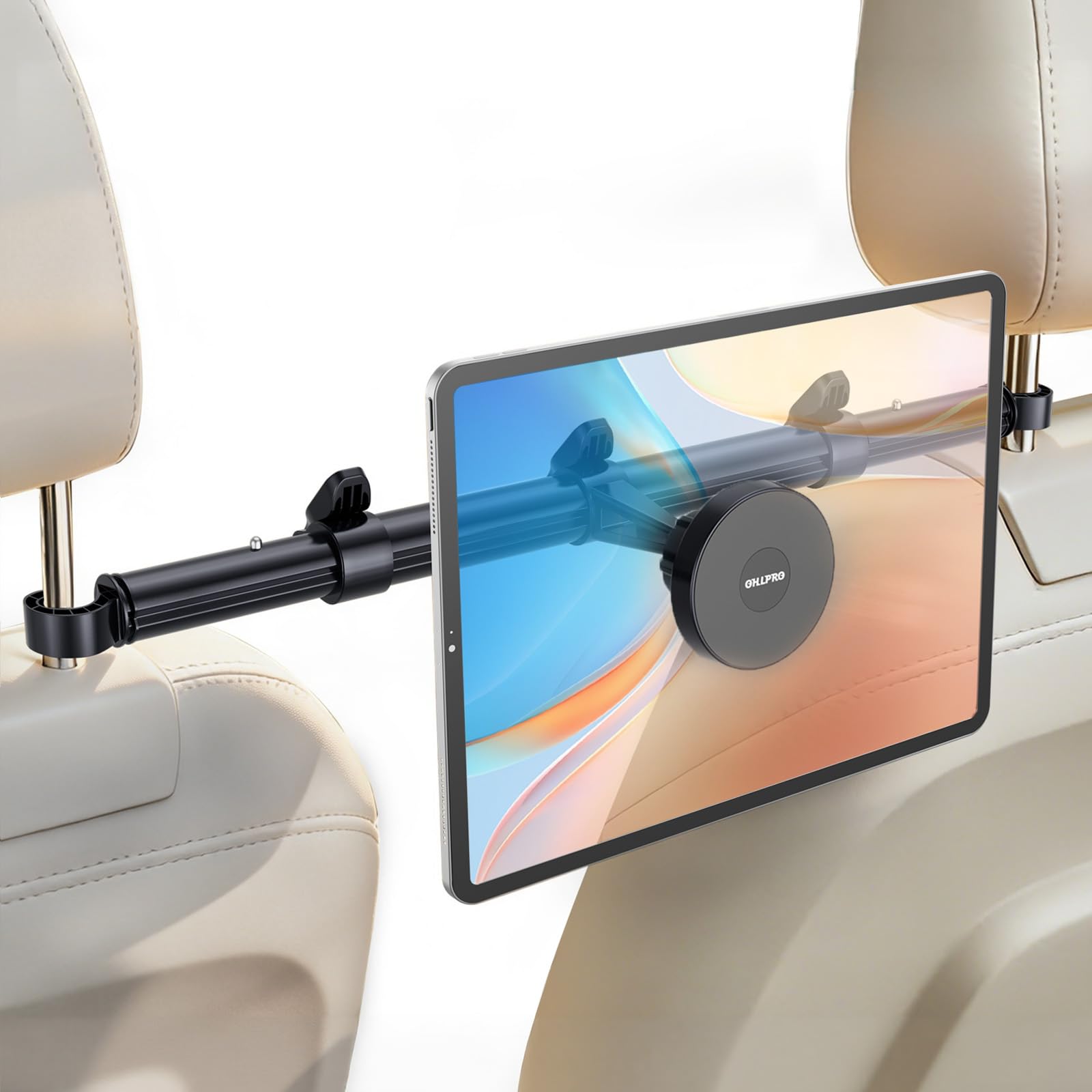 OHLPRO Suporte para tablet de encosto de cabeça de carro para crianças essenciais - Barra de alumínio extensível (máximo de 83,8 cm) para visualização central, suporte magnético de rotação de 360°