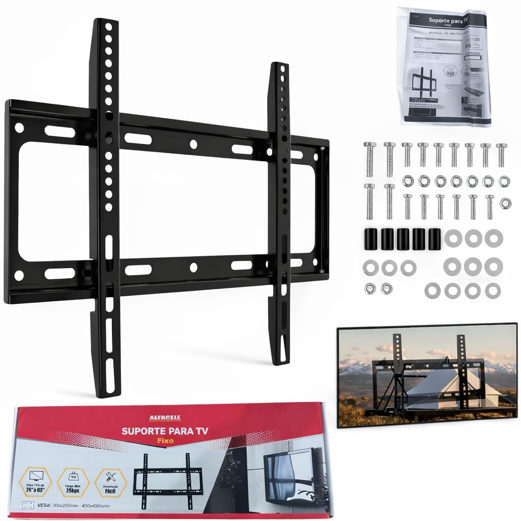 Suporte Fixo de Parede para TV 26 a 63 Polegadas até 25kg Universal VESA 200x200 a 400x400mm Perfil Slim 46,2x19,3cm Instalação Fácil e Segura