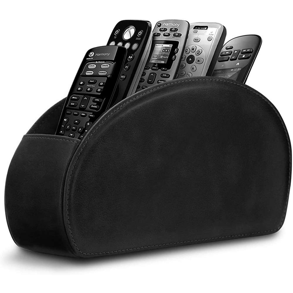 Suporte de couro para controle remoto com 5 compartimentos para TV, caixa de armazenamento/bandeja, organizador de mesa, óculos, pincel, reprodutor de mídia, caneta, economiza espaço para mesa de