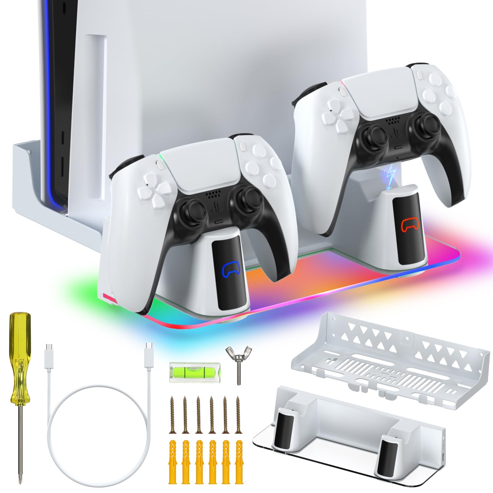 HuiJuKeJi Kit de suporte de parede para PS5/PS5 Slim com estação de carregamento, suporte de controle duplo e carregador com aplicativo de luz RGB multimodo, compatível com PlayStation 5/5 Slim/5 Pro