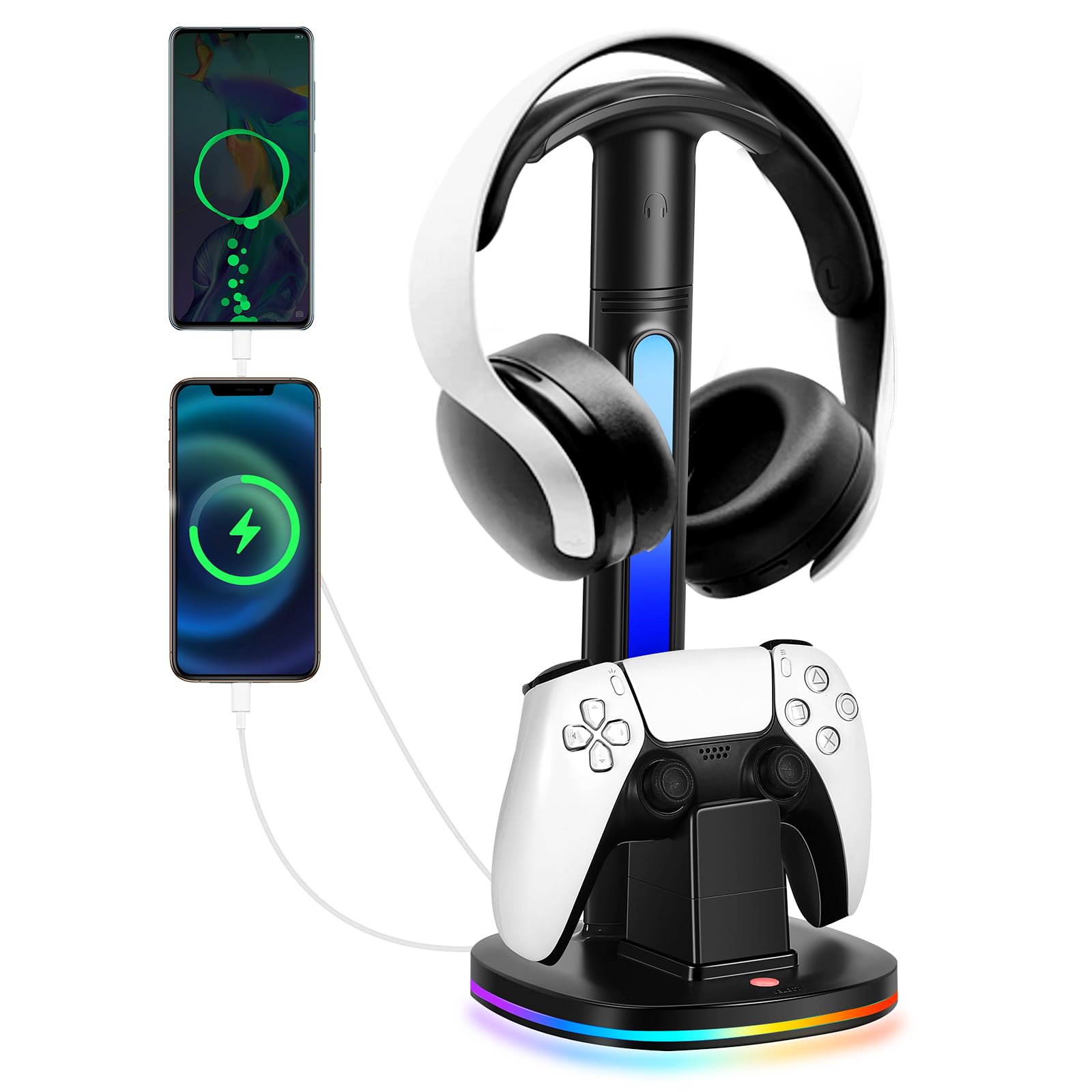 Estação de carregamento para controle PS5 com suporte de fone de ouvido RGB, suporte de carregador de controle PS5 com 2 portas USB, suporte de fone de ouvido para PlayStation 5 e estação de