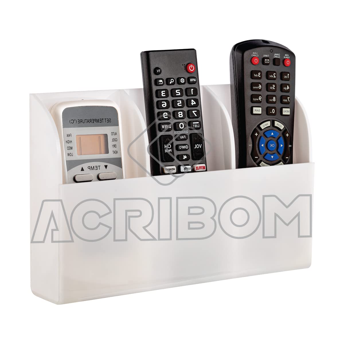Suporte de Parede em Acrílico Branco Triplo Para Controle Remoto de TV ou Ar Condicionado - Porta Controle Remoto - Suporte Para 3 Controles - Acribom