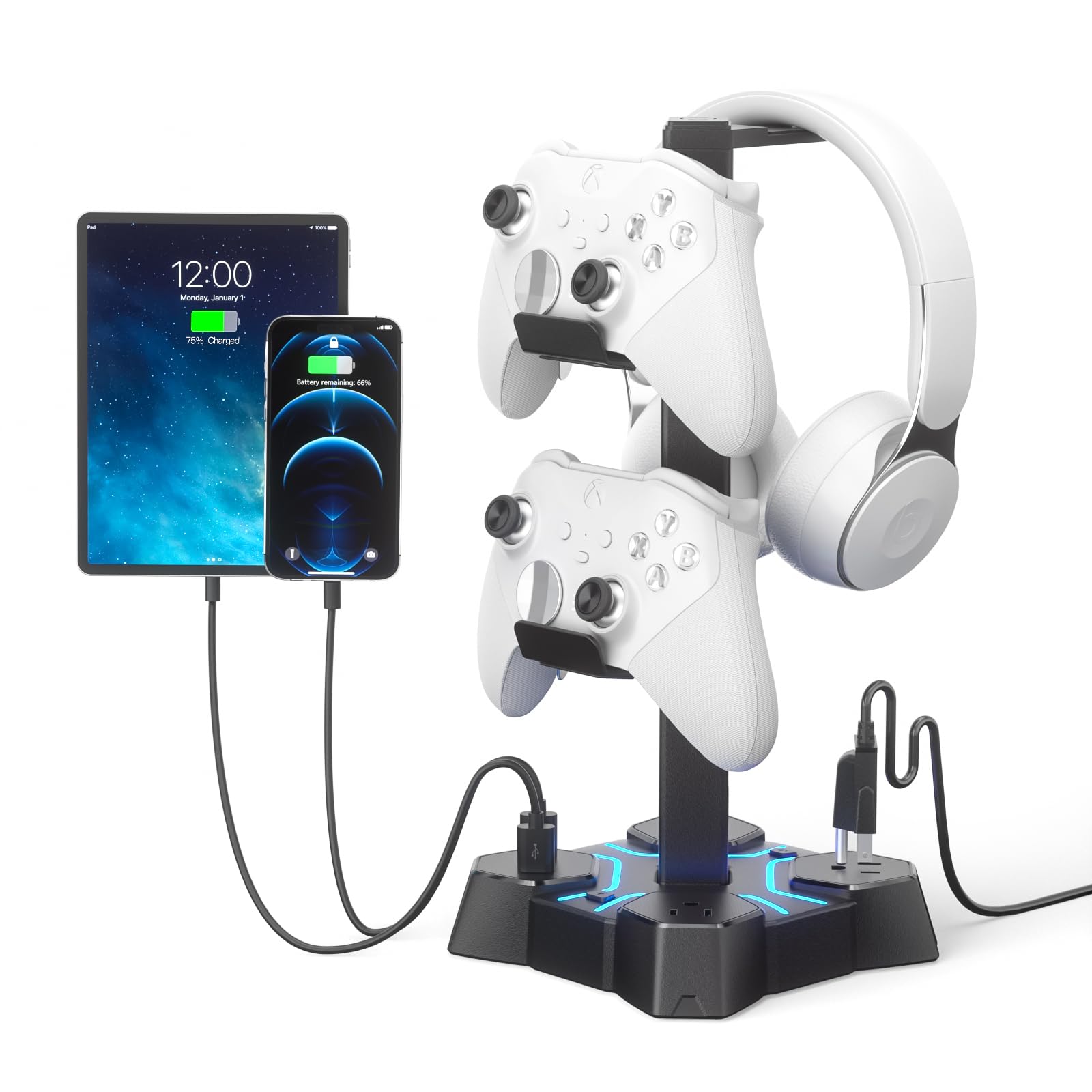 KDD Suporte de fone de ouvido com carregador USB, suporte de controle de mesa, suporte de fone de ouvido com 2 portas de carregamento USB e 3 tomadas CA, acessórios de mesa (preto)