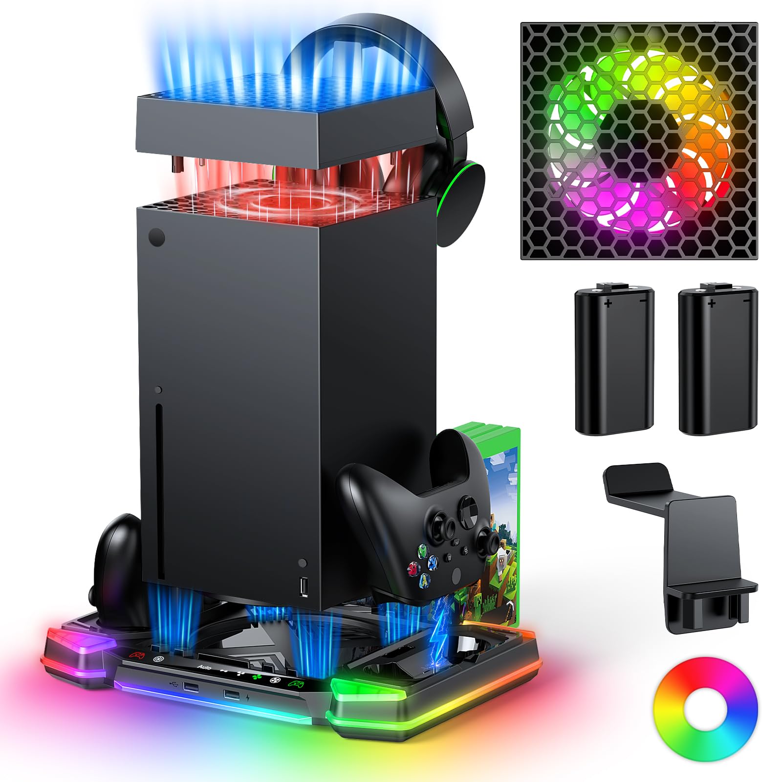 MENEEA Ventoinha de resfriamento automática e acessórios de suporte de carregamento para console Xbox Series X com 11 modos de luz, base de carregador sem fio de controle duplo, 2 baterias