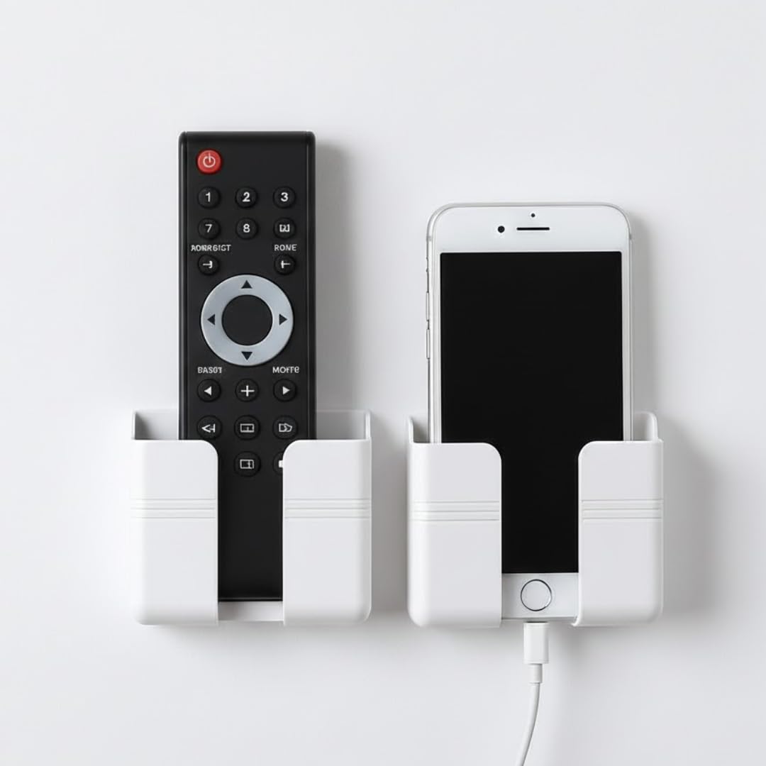 Kit com 2 Suportes de Parede para Celular ou Controle Remoto com Fita Adesiva – Ideal para Carregamento sem Furos – Cor Preta ou Branca