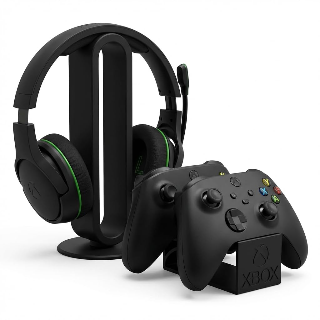 Kit Gamer Organizador com Suporte para Headset e Suporte Duplo para Controles, Compatível com Xbox, PS5, PC, Tema Xbox, 23cm Altura