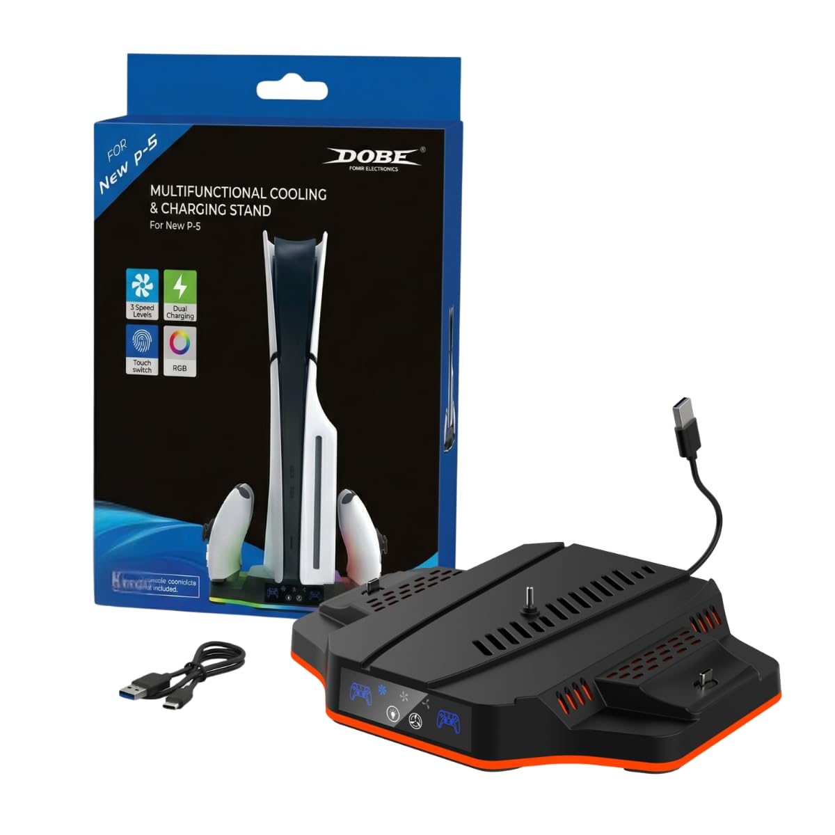 Base Suporte Cooler com Dock Carregador de Controle e Led RGB para Ps5 SLIM Disco e Digital